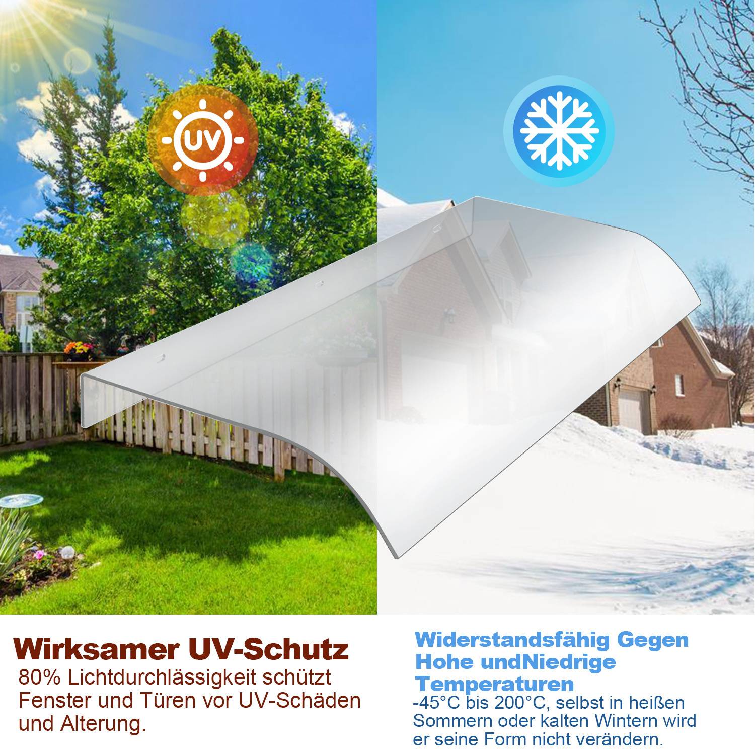 40*80cm Vordach für Haustür Pultbogenvordach Überdachung Haustür aus Polycarbonat für Garage Balkon Fenster Haus