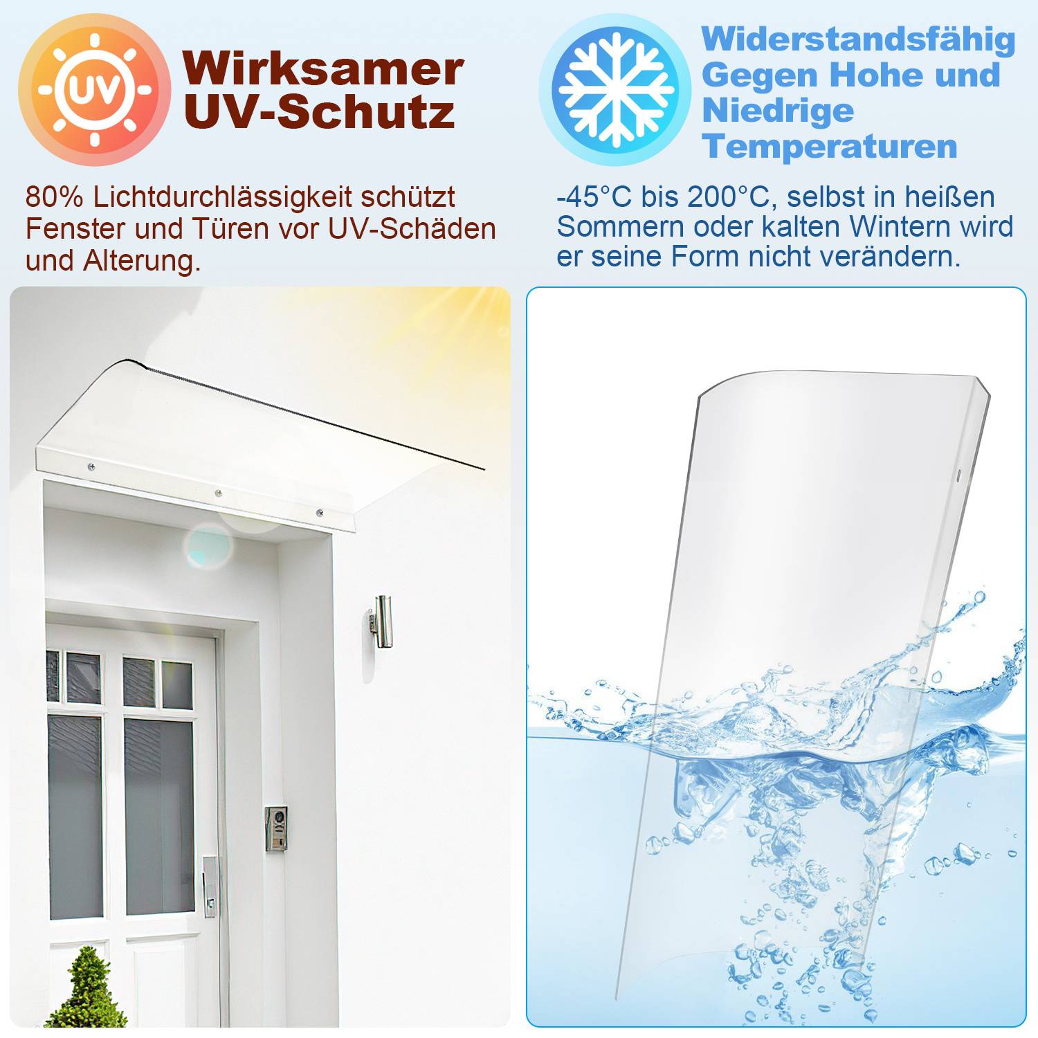 40*80cm Vordach für Haustür Pultbogenvordach Überdachung Haustür aus Polycarbonat für Garage Balkon Fenster Haus
