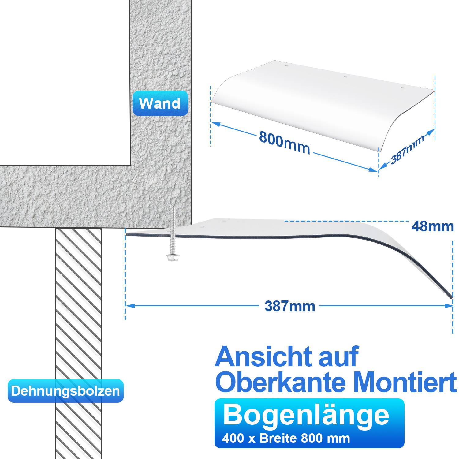 Vordach für die Haustür, Überdachung, 40*80cm, transparente Kunststoffplatte für Garage Balkon Fenster Haus