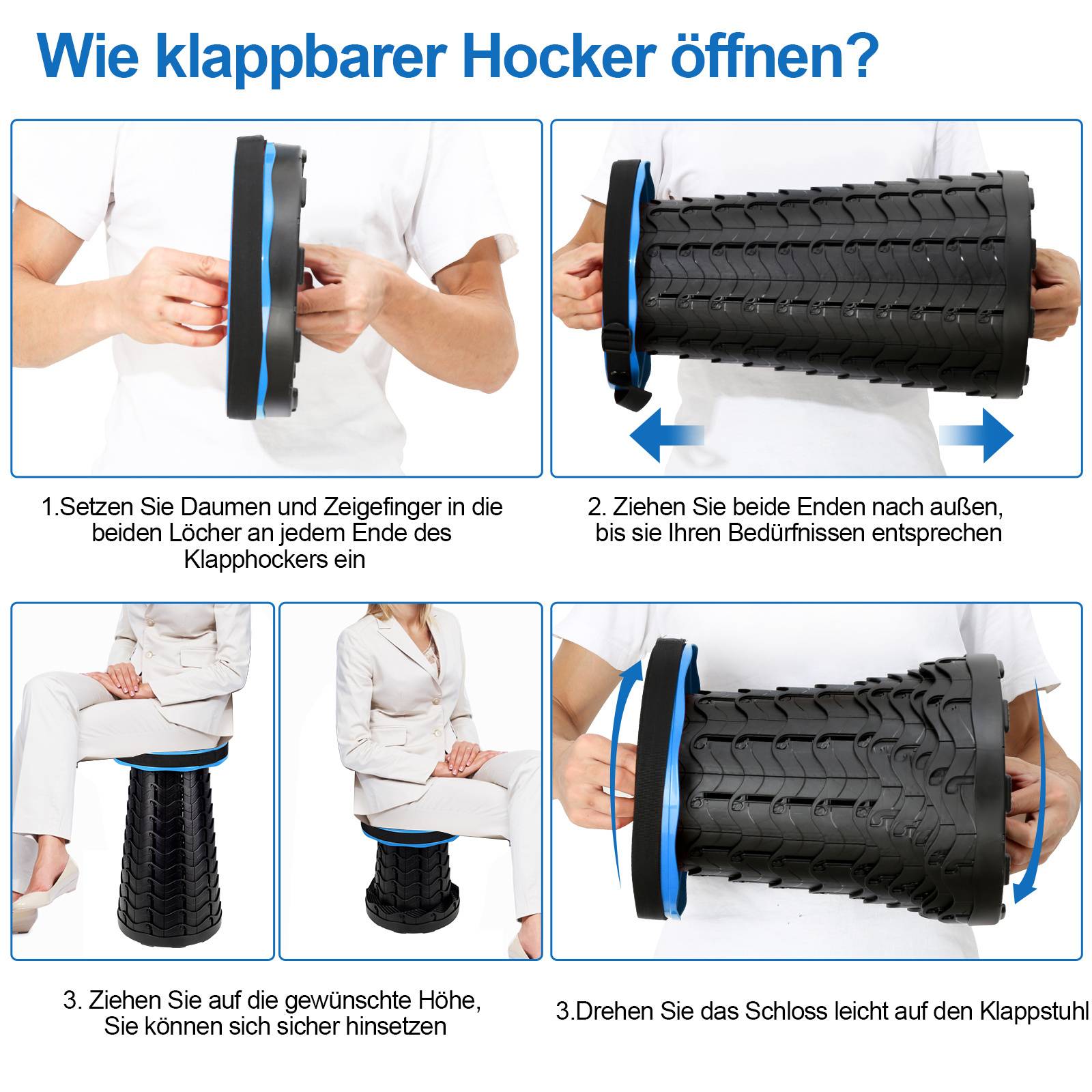 Tragbarer Klappstuhl Kompakt Leichte Teleskop,150kg Outdoor Klapphocker Tragbar,Blau