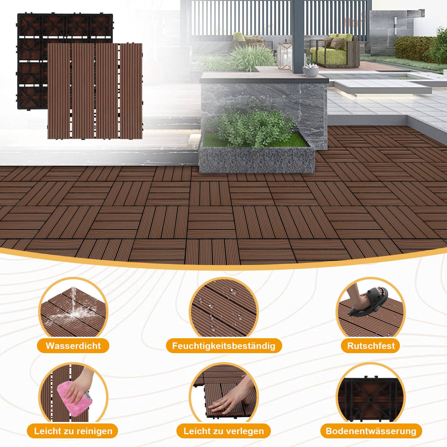 WPC Terrassenfliesen 10 m², 30 x 30 cm 110 Stücke, Terrassendielen mit 4 Latten in Holzoptik, für Garten Balkon Bodenbelag mit Drainage und Klicksy