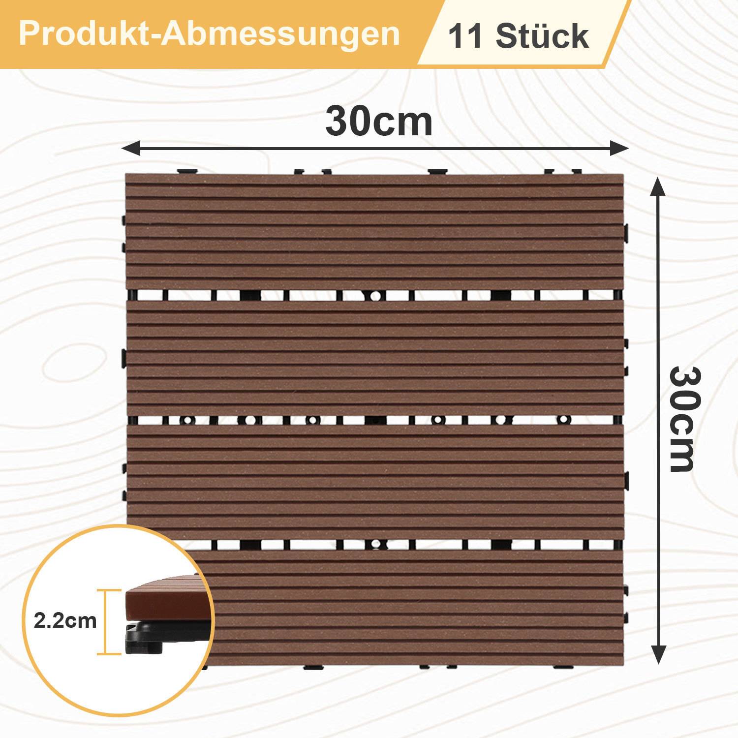 Terrassenfliesen 3m² Holzfliesen 30x30 cm 33 Stück Braun für Terrasse Balkon Terrassenfliesen Holz Fliesen mit Klicksystem