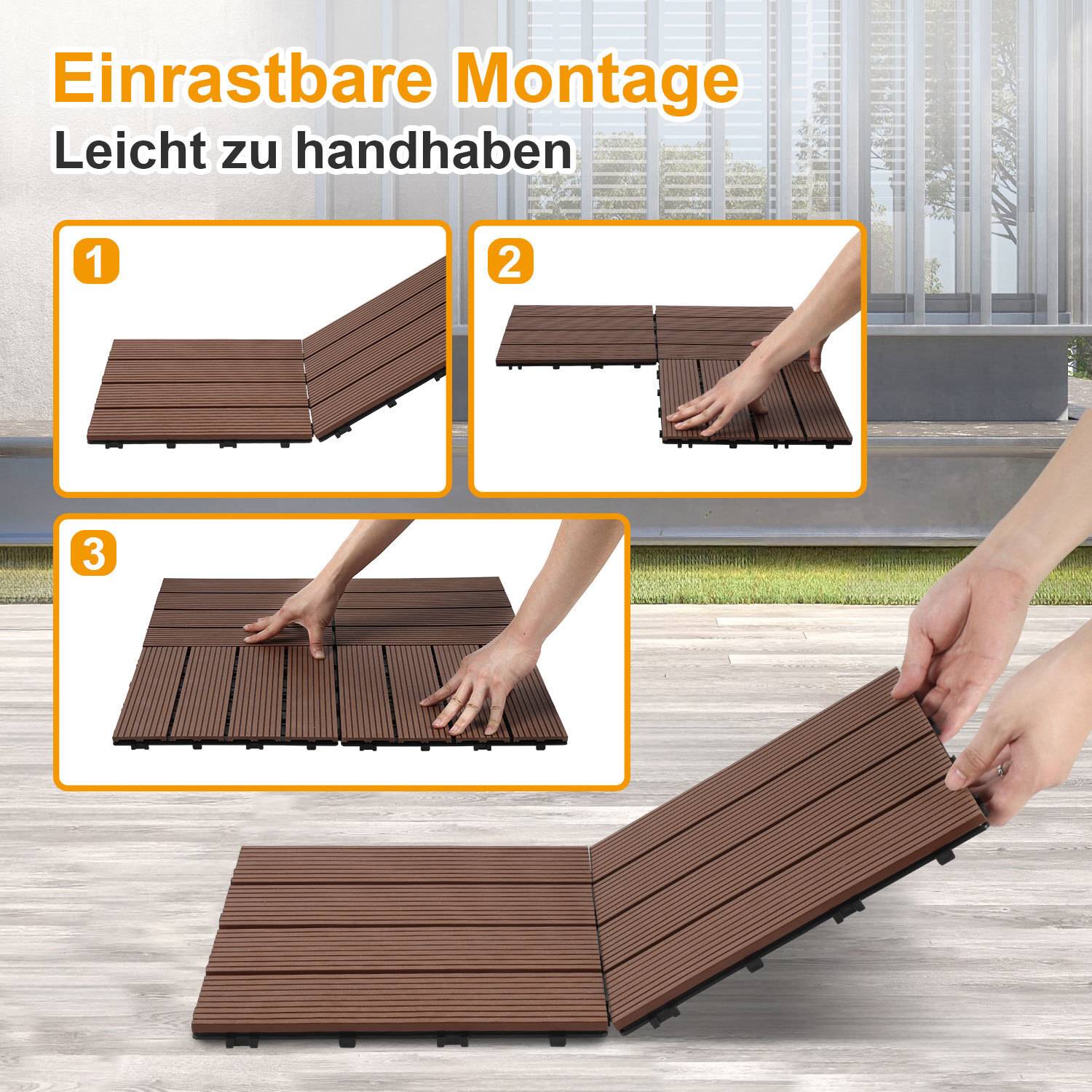 Terrassenfliesen 10m² Holzfliesen 30x30 cm 110 Stück Braun für Terrasse Balkon Terrassenfliesen Holz Fliesen mit Klicksystem