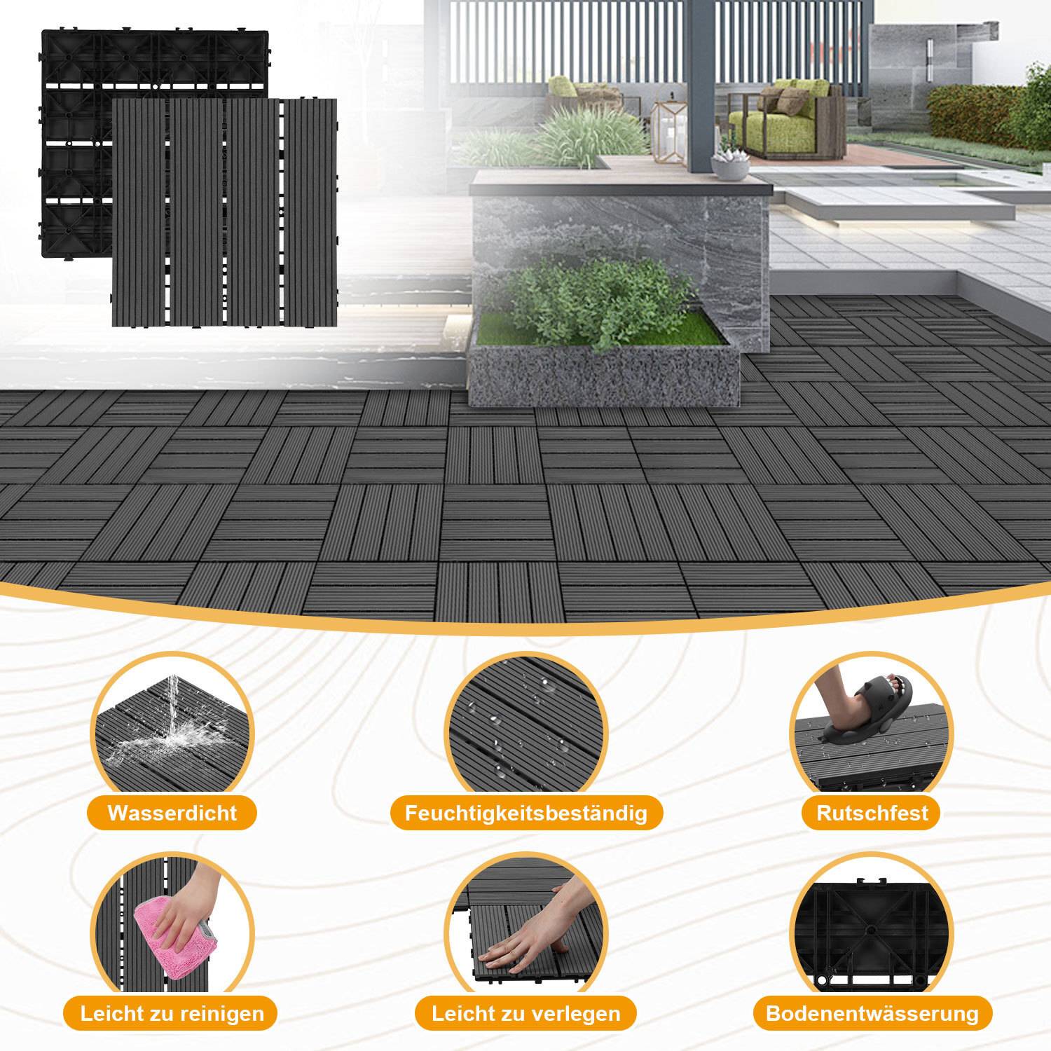 Terrassenfliesen 6m² Holzfliesen 30x30 cm 66 Stück Anthrazit für Terrasse Balkon Terrassenfliesen Holz Fliesen mit Klicksystem