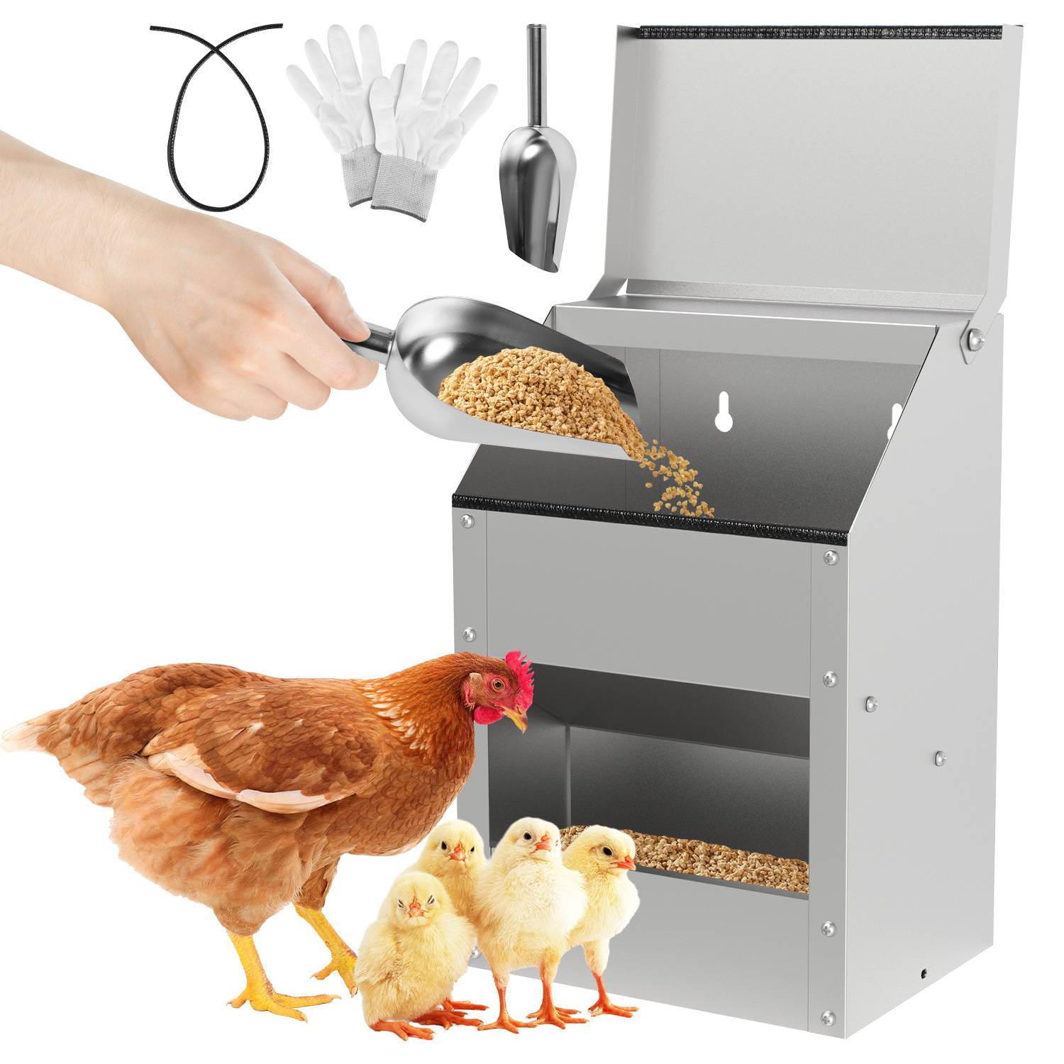 Futterautomat Hühner 5 KG mit Handschuhen & Löffel Feeder für Geflügel Hängend Hühner Automatischer