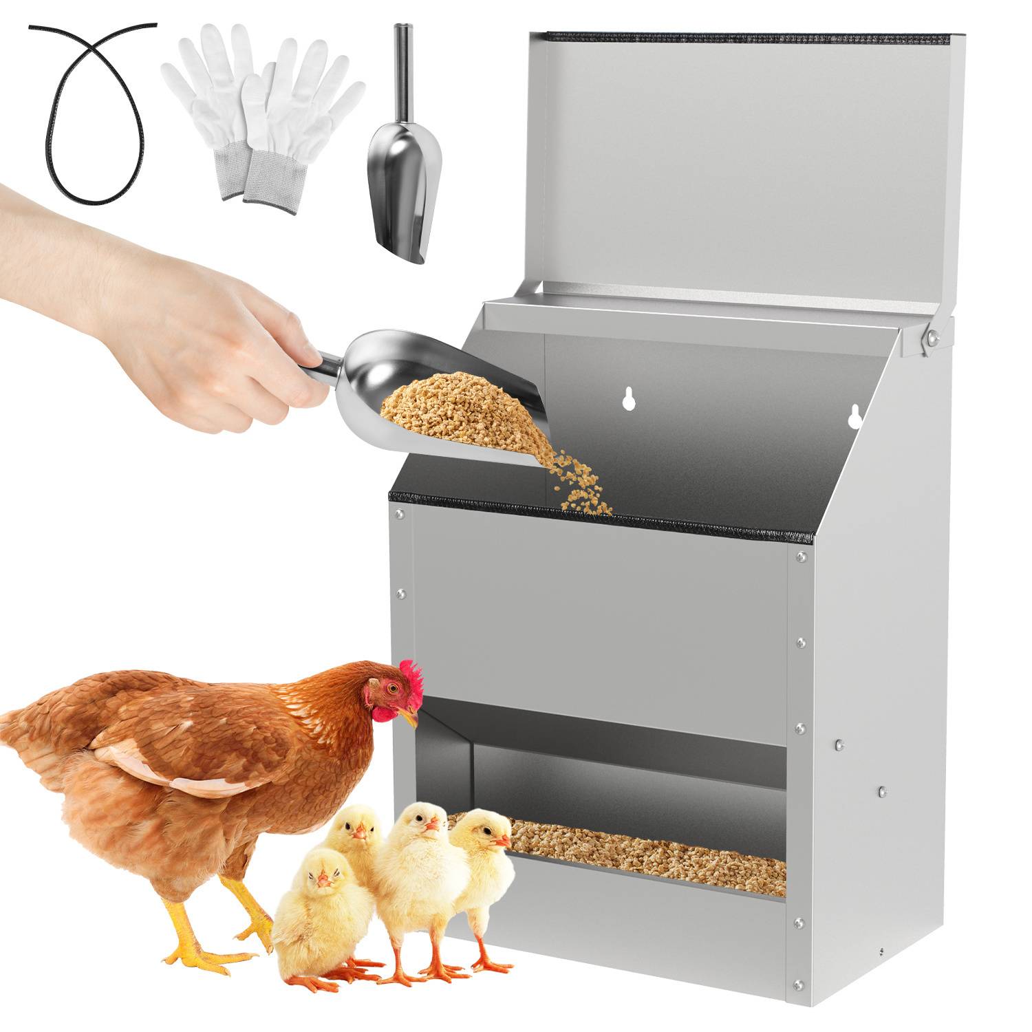 Futterautomat Hühner 15 KG mit Handschuhen & Löffel Feeder für Geflügel Hängend Hühner Automatischer