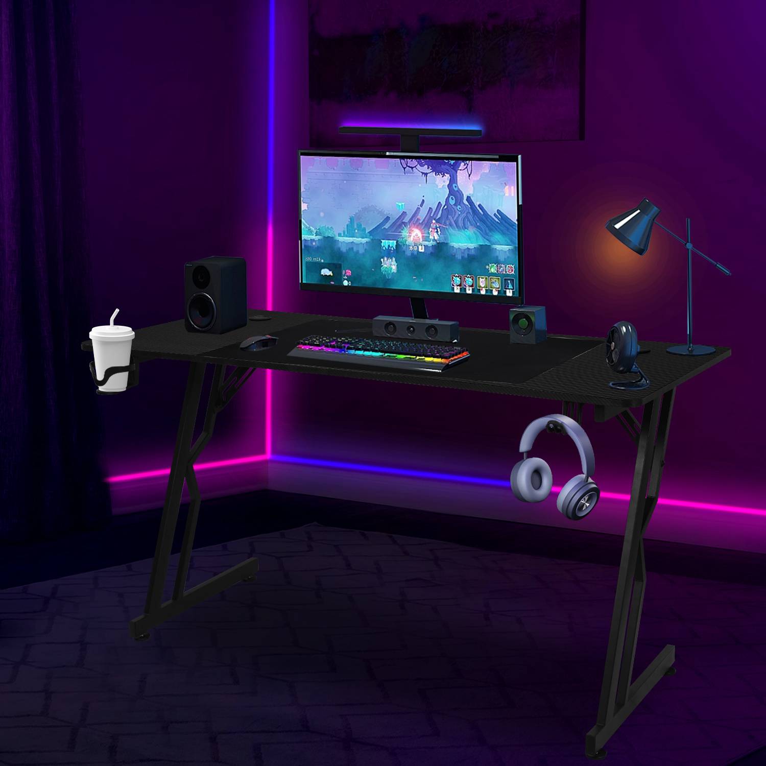 140 x 60cm Gaming Tisch, Gaming Schreibtisch mit Mauspad, PC Tisch Gamer Tisch Computertisch mit Kopfhörerhaken Schwarz