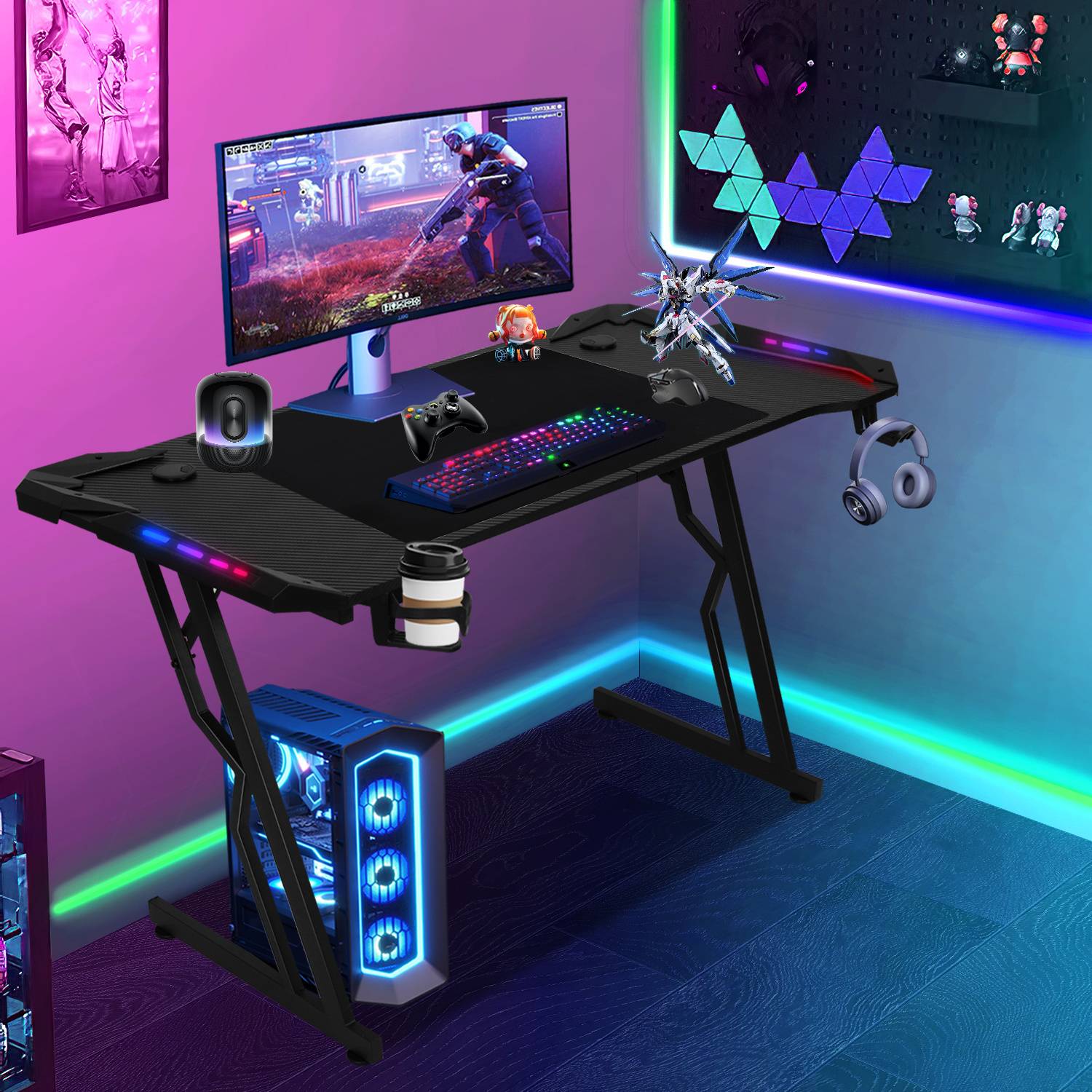 120 x 60cm LED Gaming Tisch, Gaming Schreibtisch mit Mauspad, PC Tisch Gamer Tisch Computertisch mit Kopfhörerhaken Schwarz