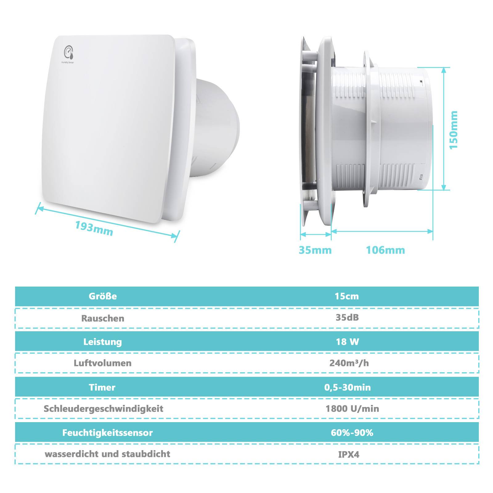Badlüfter Lüfter Badventilator Wohnraumlüfter Wandlüfter Wandventilator Ø 150 mm Standard weiß