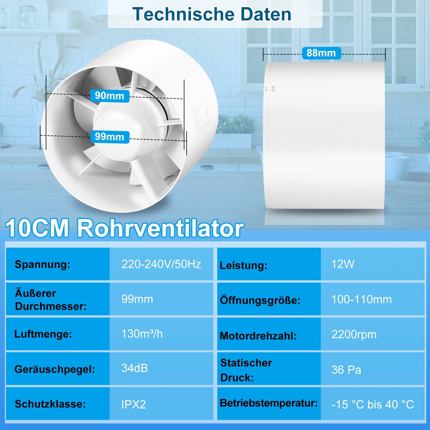 Rohrventilator Einschublüfter 100mm, 130 m³/h