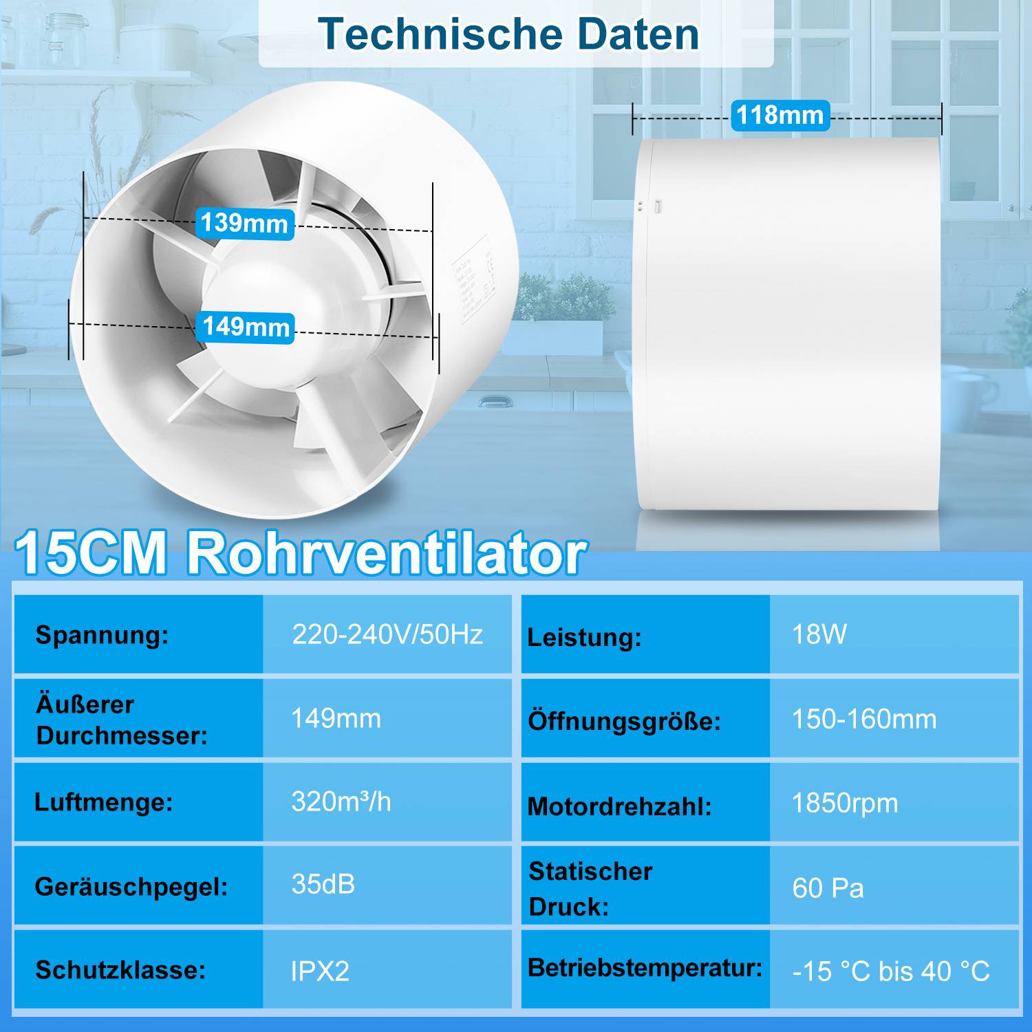 Rohrventilator Einschublüfter 150mm, 320 m³/h