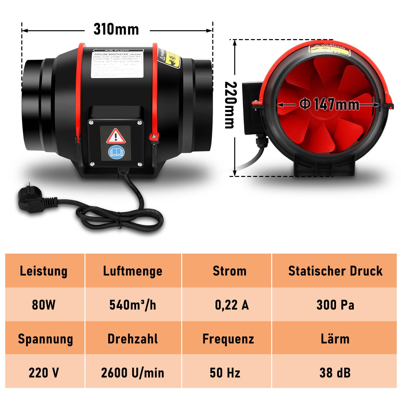 Rohrventilator 150mm Bad Lüfter mit Fernbedienung Lüfter Leise Wandlüfter Abluftventilator Bad-Ventilator