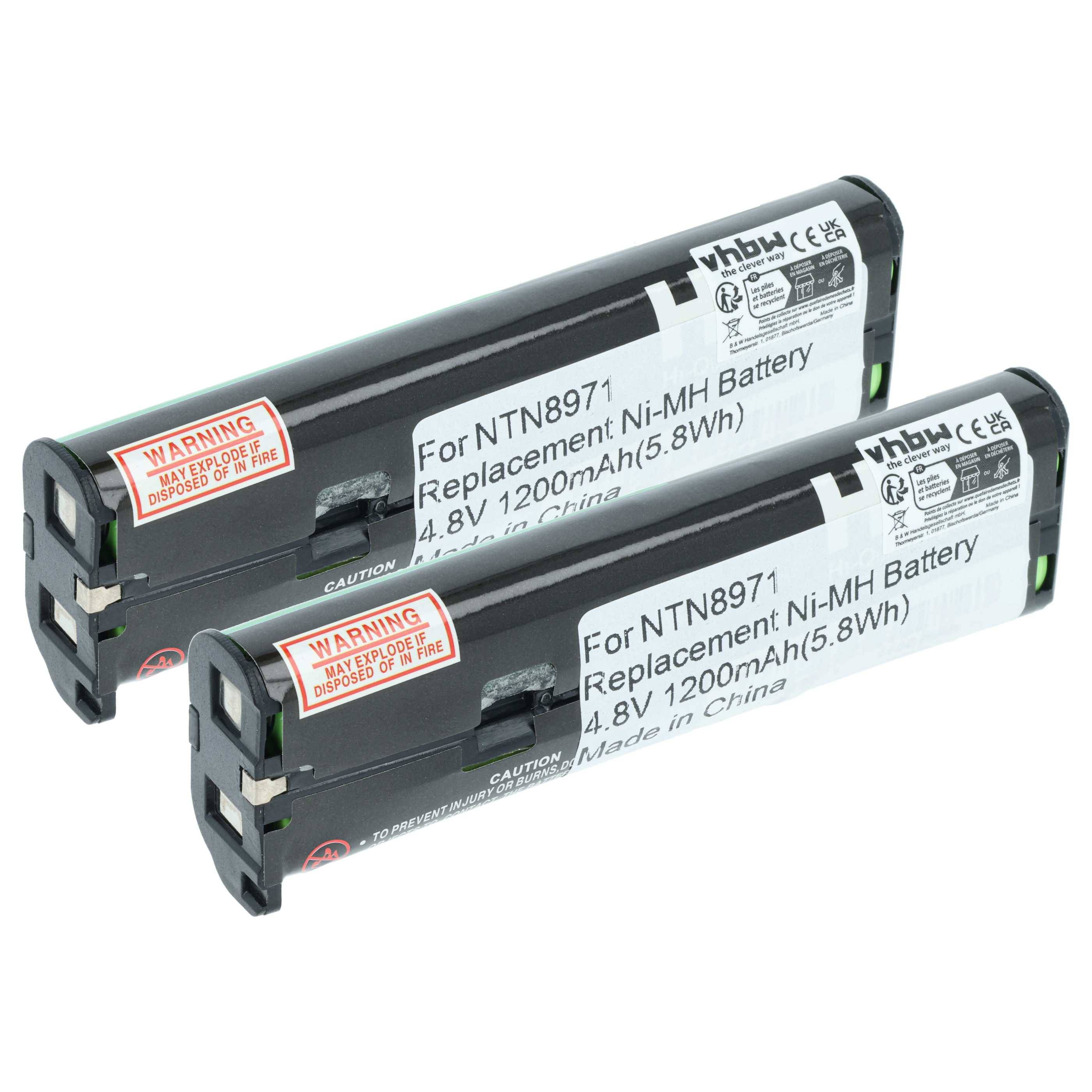 Zwei Ersatz-Ni-MH-Akkus der Marke 'vhbw' für das Modell NTN8971, jeweils mit 4,8V und 1200mAh Kapazität, dargestellt mit Warnhinweissymbolen.