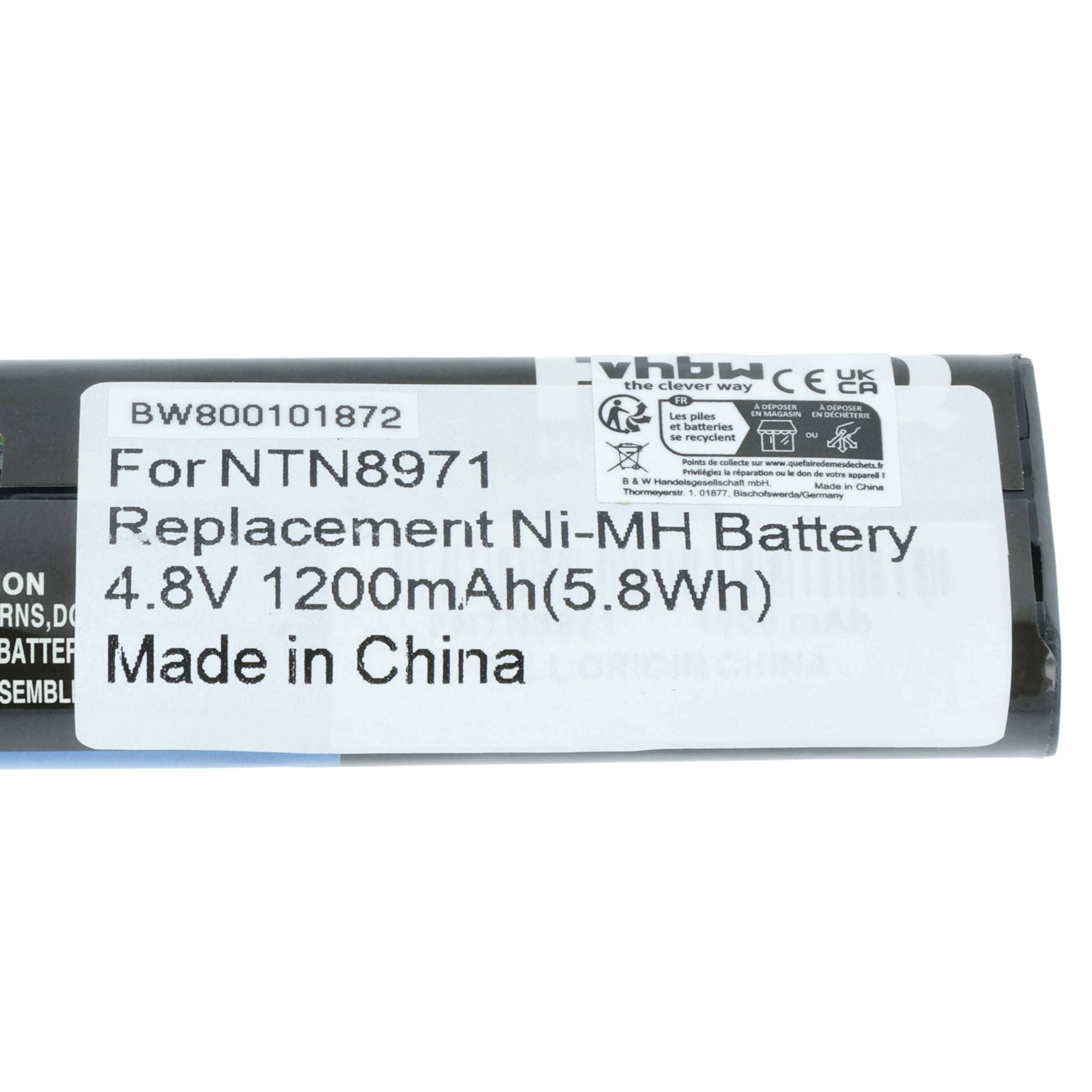 Eine zylindrische Batterie mit einer Beschriftung, die lautet: „Für NTN8971 Ersatz Ni-MH Batterie 4,8V 1200mAh (5,8Wh) Hergestellt in China