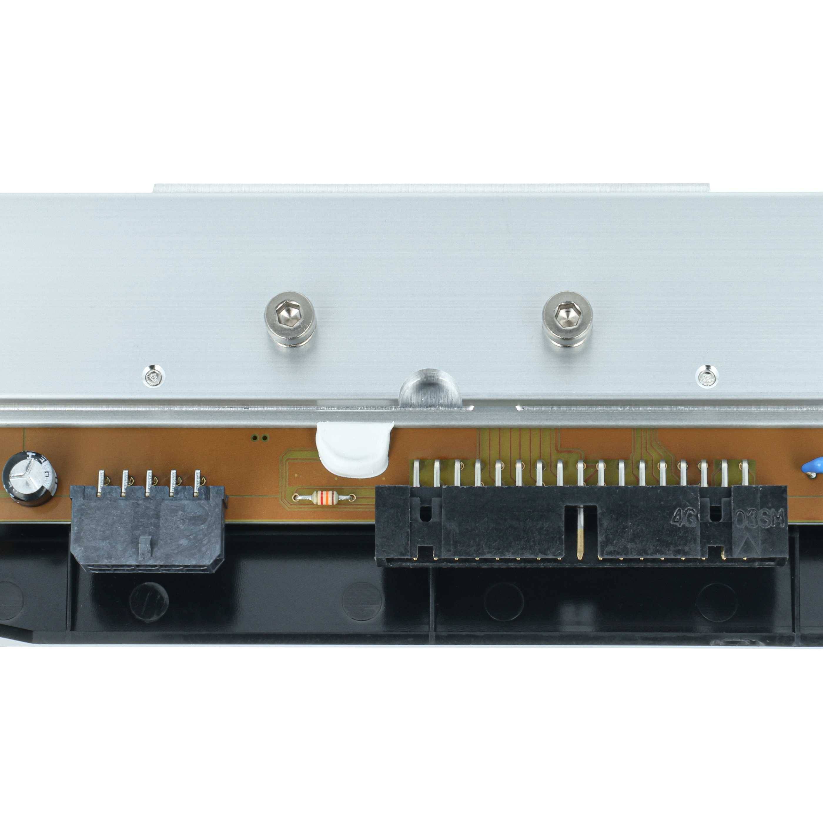 Eine Leiterplatte mit Anschlüssen und sichtbaren Komponenten wie Widerständen und Pins, wahrscheinlich Teil einer elektronischen Geräteeinheit.
