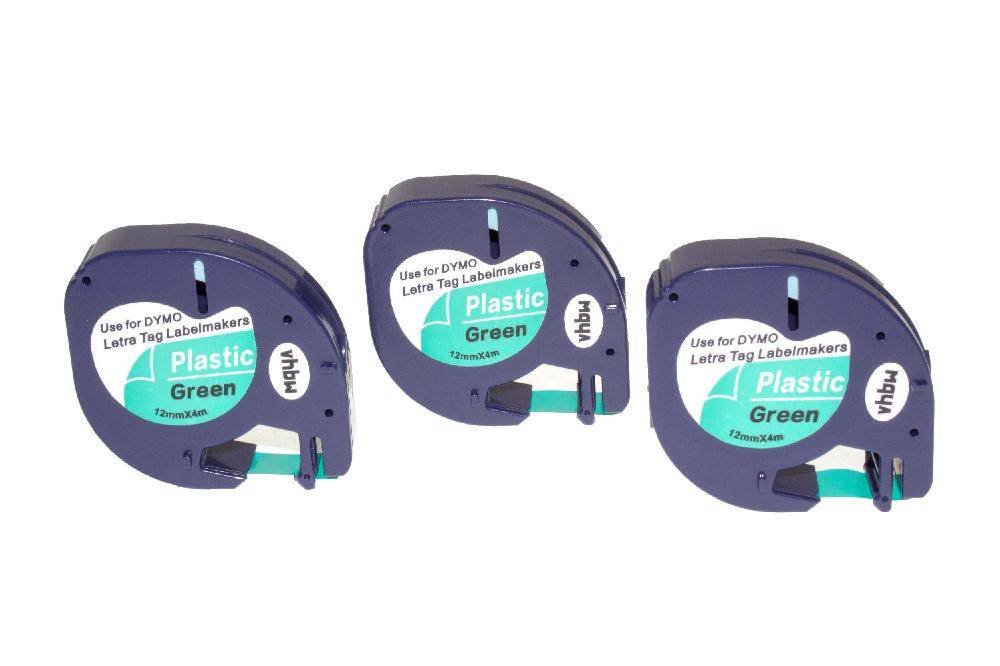 vhbw 3x Schriftband-Kassette kompatibel mit Dymo LetraTag LT-100H, 2000, LT-100T, Plus LT-100H, 200B Etiketten-Drucker 4m x 12mm Schwarz auf Grün