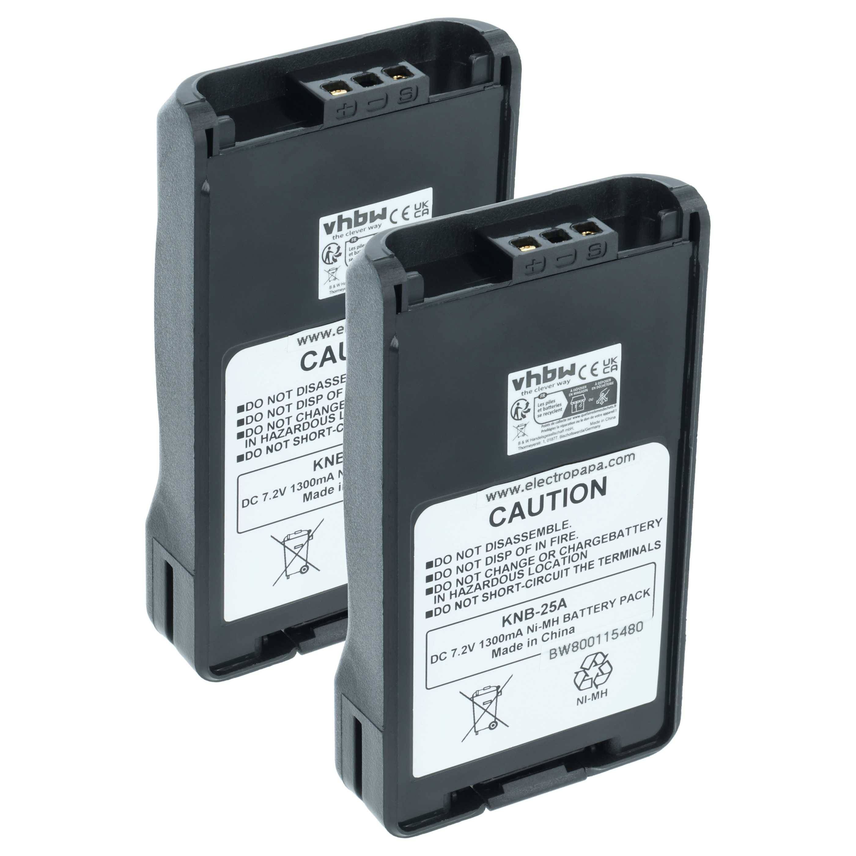 Zwei schwarze wiederaufladbare Akkupacks mit der Beschriftung 'vhbw' und Sicherheitshinweisen, geeignet zum Ersetzen von Batterien bestimmter elektronischer Geräte.