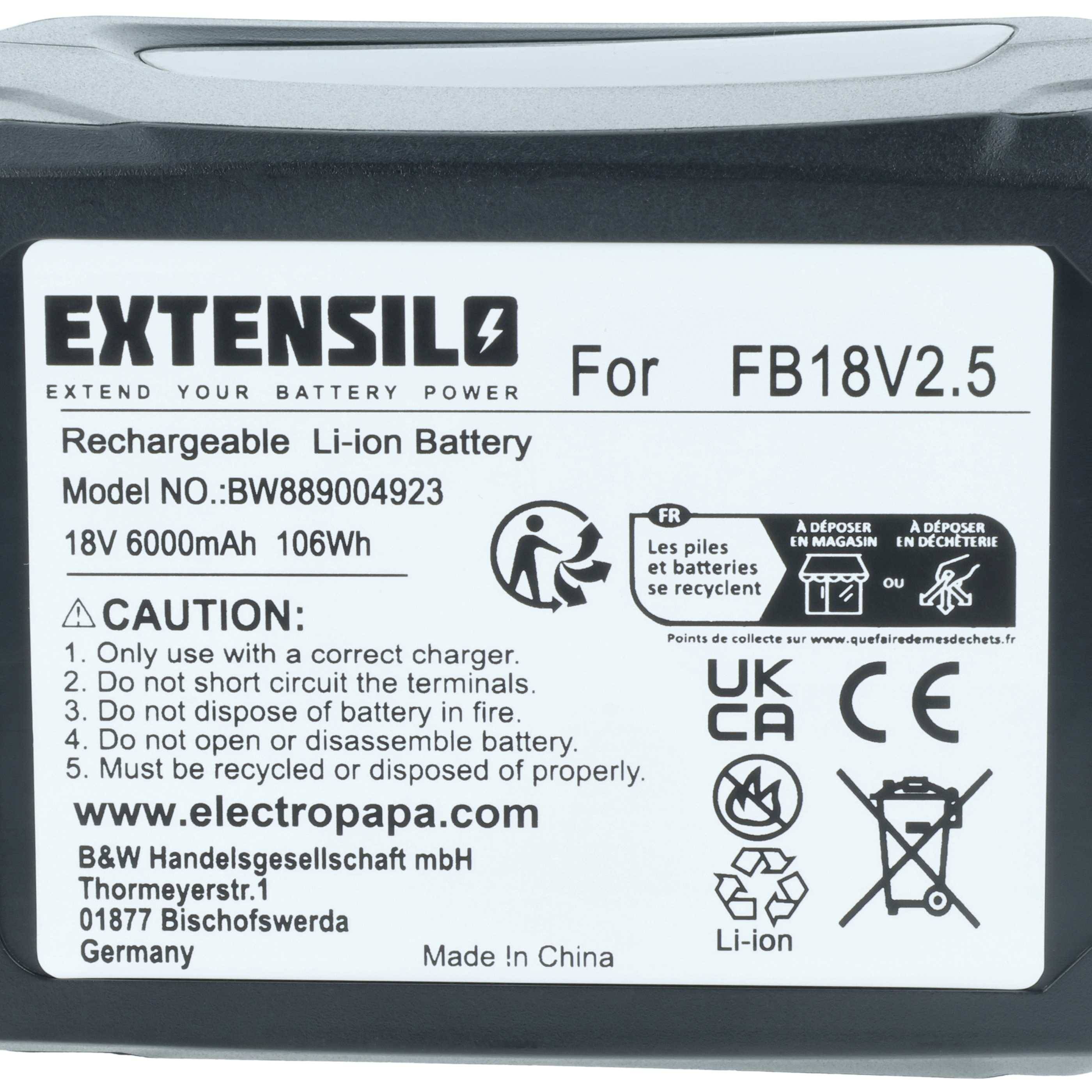 EXTENSILO Akku kompatibel mit Gardena PowerMax 32/36V, 32/36V P4 Akku-Gartengeräte (6000mAh 18V Li-Ion)