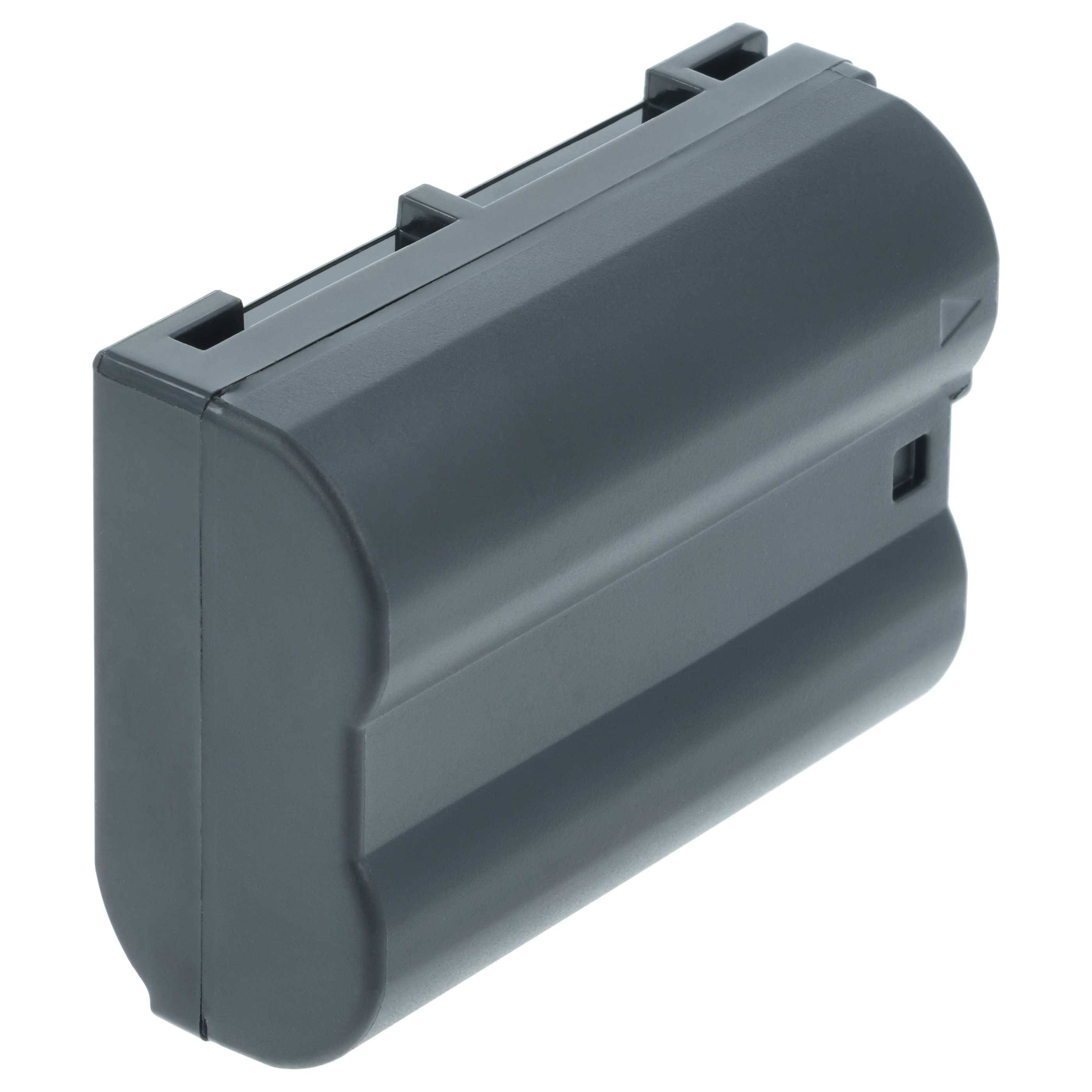 Eine schwarze rechteckige Kamera-Batterie mit abgerundeten Kanten, ausgestattet mit zwei Metallkontakten an der Oberseite.