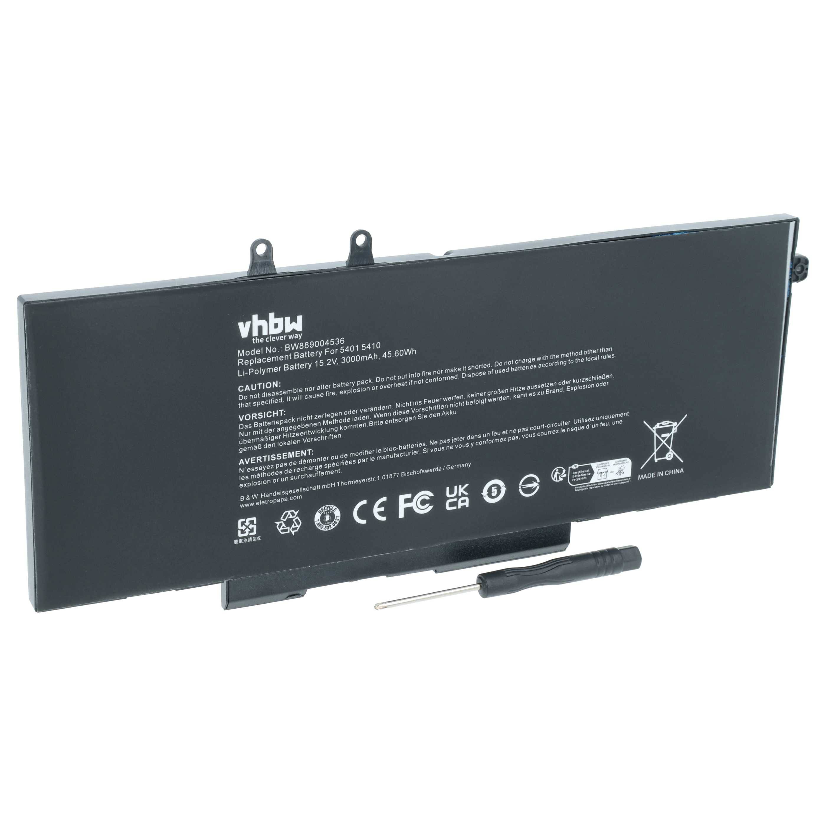 vhbw Akku kompatibel mit Dell Latitude 14 5410 MDYC0, 5410 N001L541014EMEA Notebook (3000 mAh, 15,2 V, Li-Polymer)