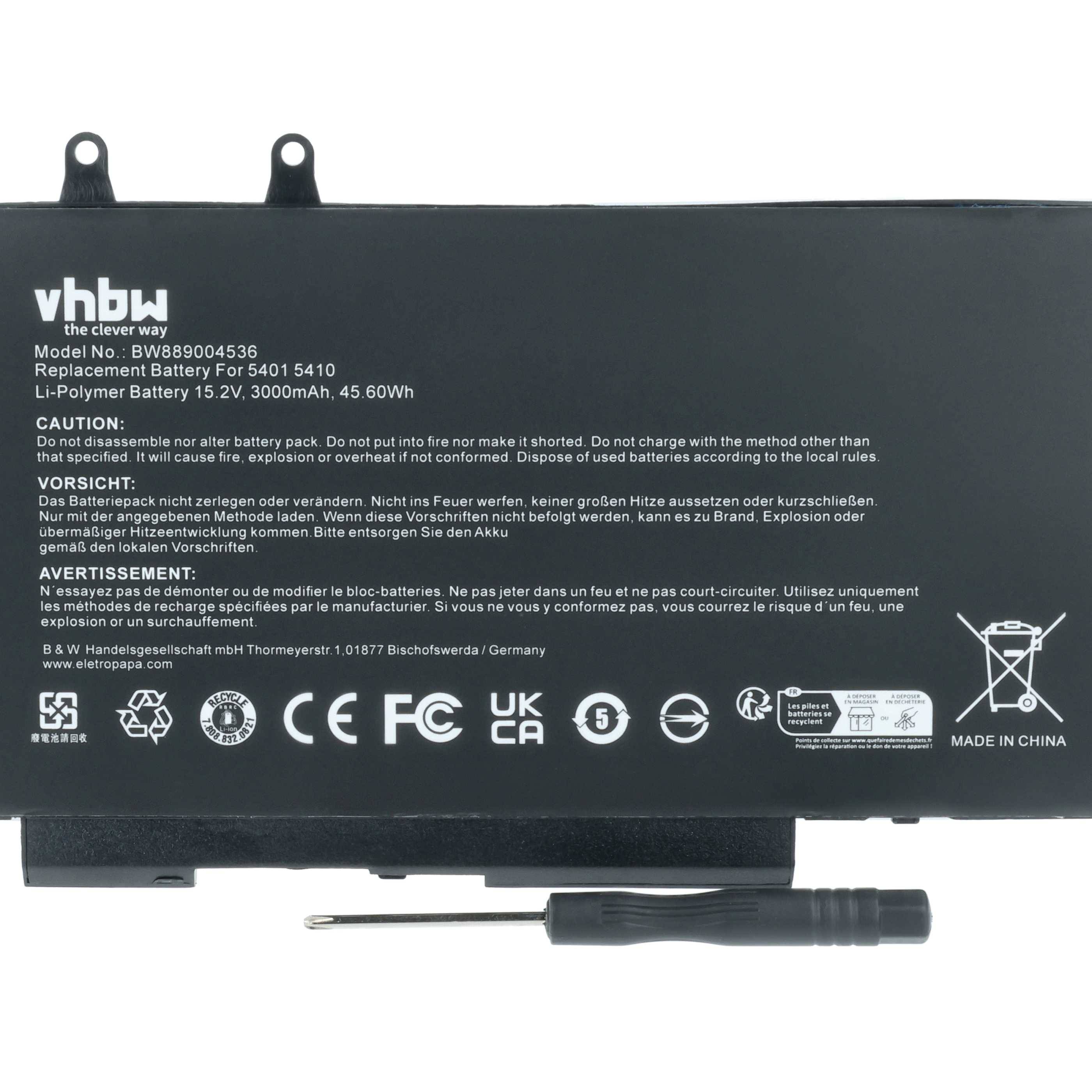 Ein rechteckiger Laptop-Akku für Modell BW889006436, 15,2V, 3000mAh, 45,6Wh. Enthält Warnhinweise und Sicherheitshinweise in mehreren Sprachen.