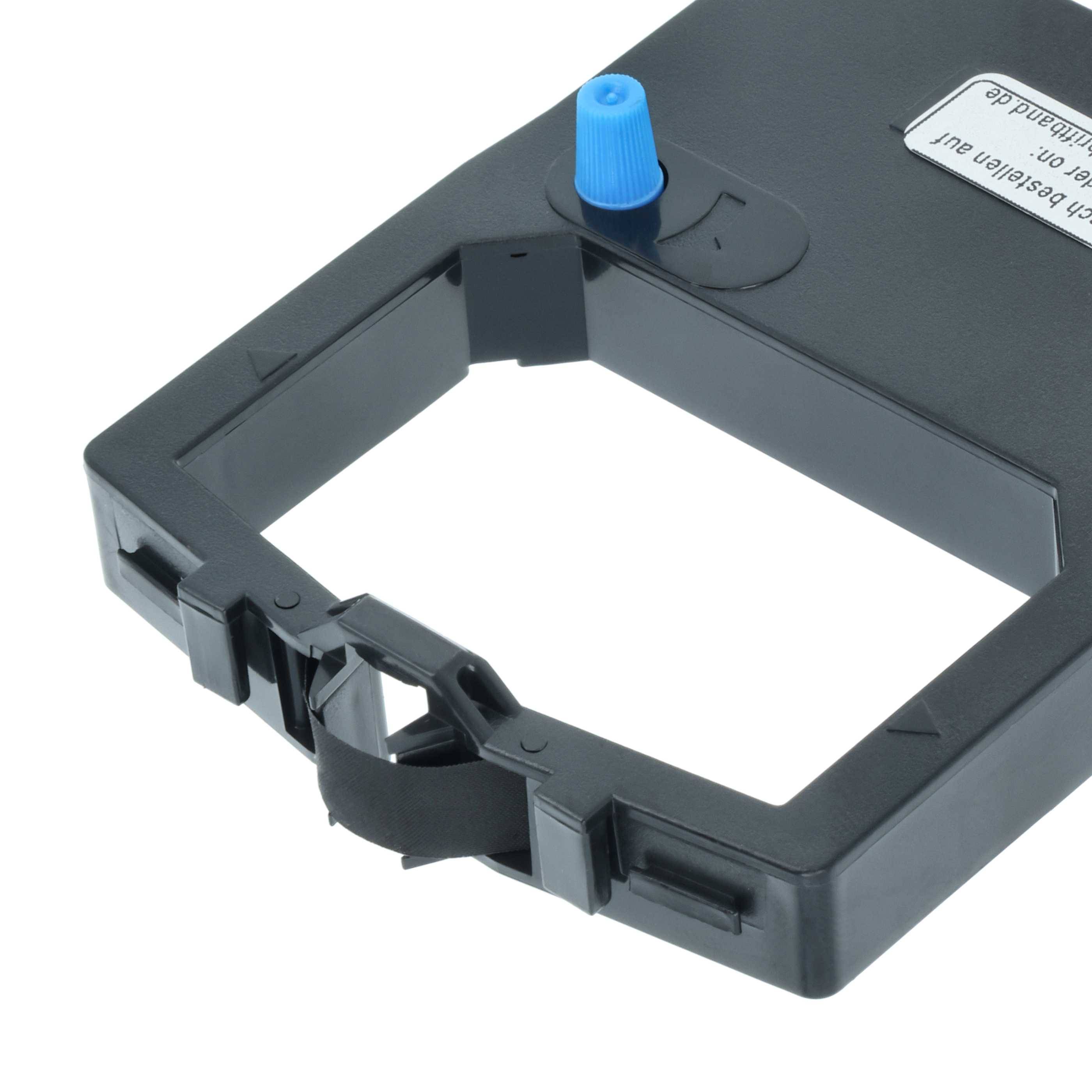 Schwarze Druckerbandkassette mit einem blauen Knopf, entwickelt für den Einsatz in Nadeldruckern, auf weißem Hintergrund abgebildet.