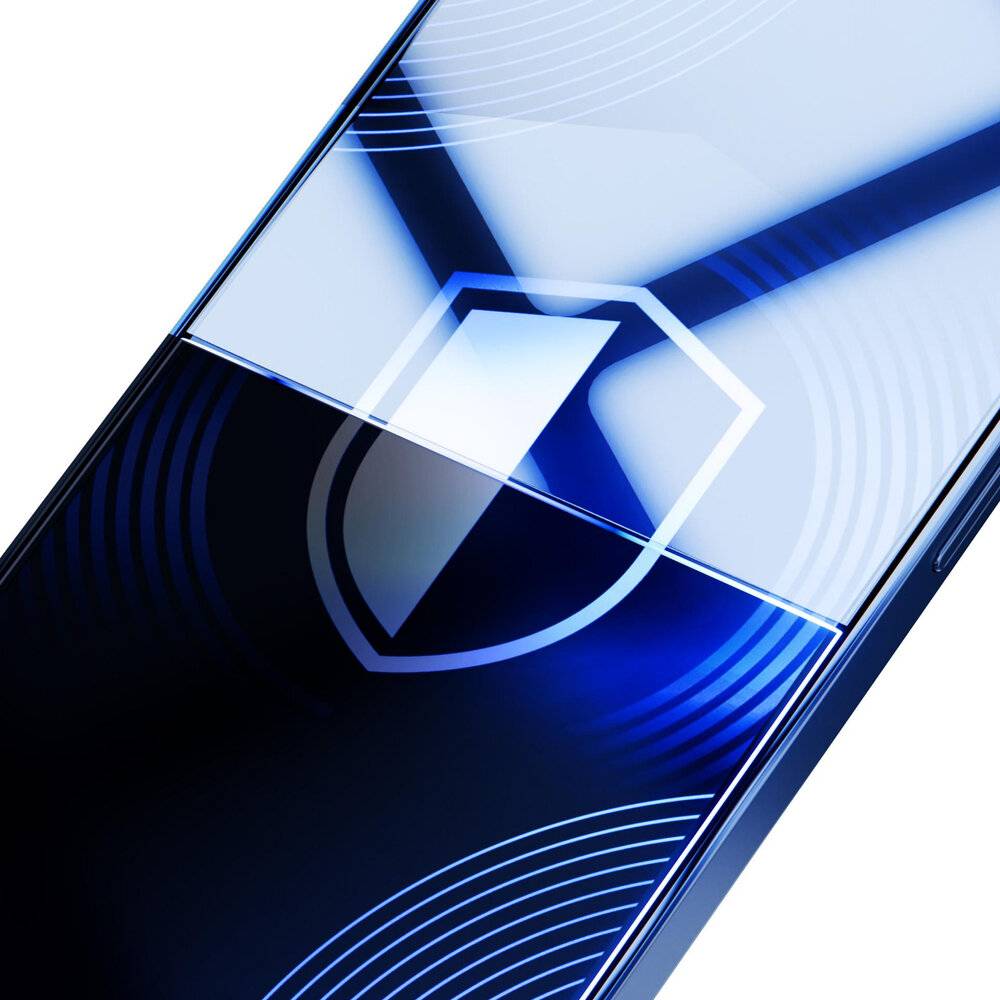 Ein stilisiertes blau-weißes geometrisches Design mit schildähnlichen Formen, das ein Thema von Sicherheit oder Schutz vermittelt.