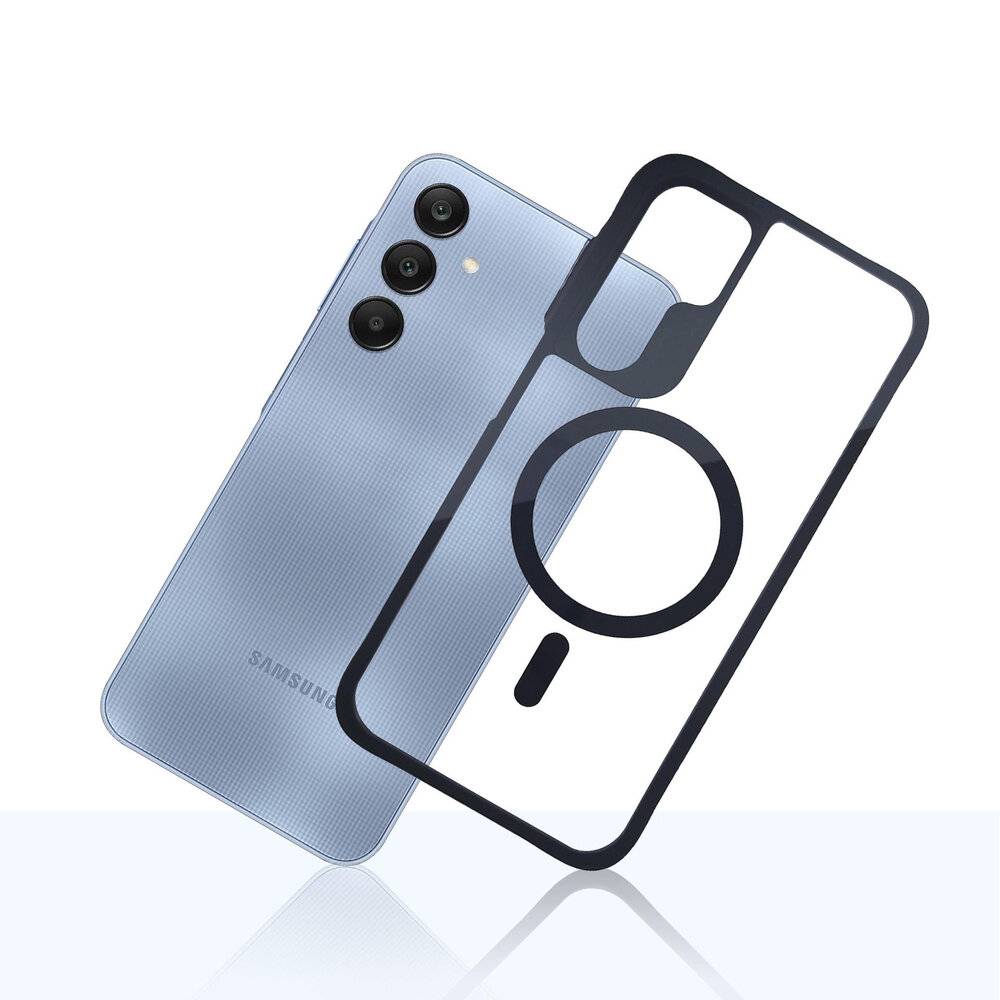 Ein blaues Smartphone wird neben einer transparenten Handyhülle mit einem kreisförmigen Design in der Mitte gezeigt.