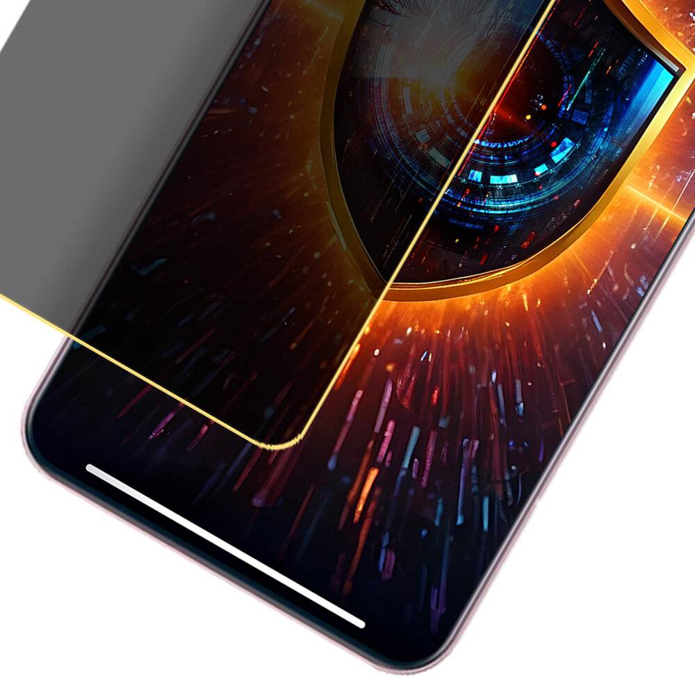 Ein Smartphone zeigt ein stilisiertes, leuchtendes Auge innerhalb einer digitalen Benutzeroberfläche, das künstliche Intelligenz und Technologie symbolisiert.