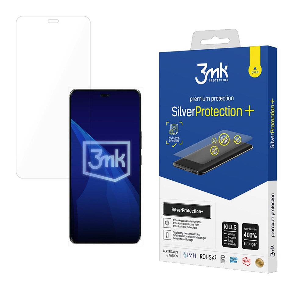 Displayschutzfolie-Verpackung mit einer Schachtel mit der Bezeichnung „3mk SilverProtection+