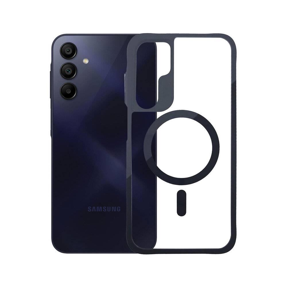 Ein schwarzes Smartphone mit drei rückwärtigen Kameras wird mit einer transparenten Handyhülle mit Ringdesign angezeigt, die auf der Vorderseite präsentiert wird.