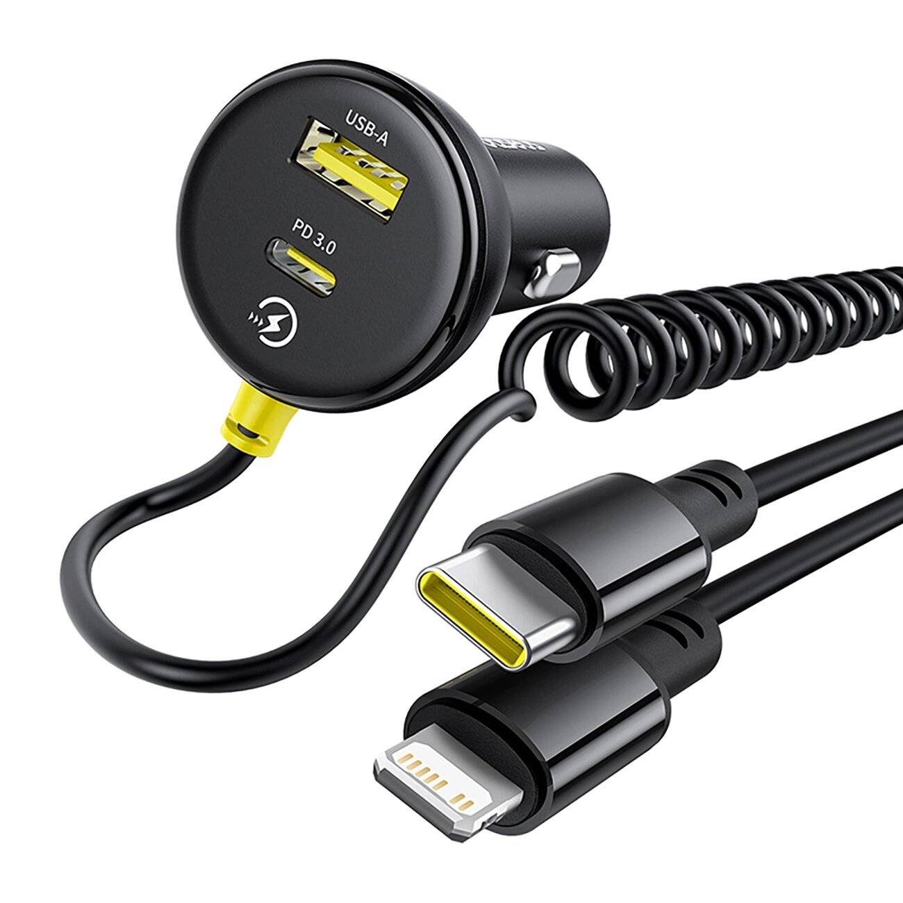 Baseus Circular 60W USB-A + USB-C Autoladegerät integriertem Lightning Kabel 1,4m - Schwarz