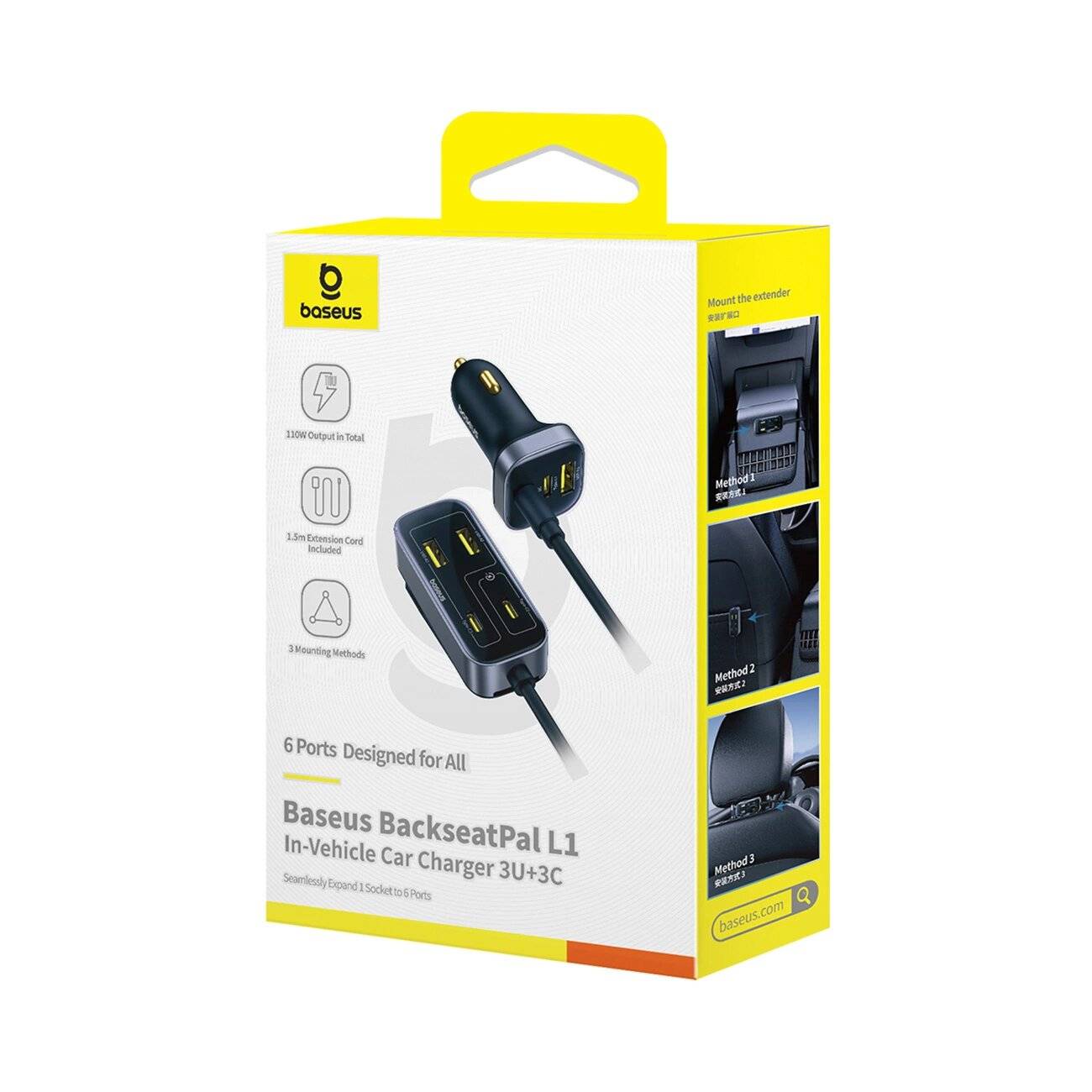 Baseus BackseatPal L1 110W Autoladegerät 3 x USB-A + USB-C 1,5m Verlängerungskabel - Schwarz