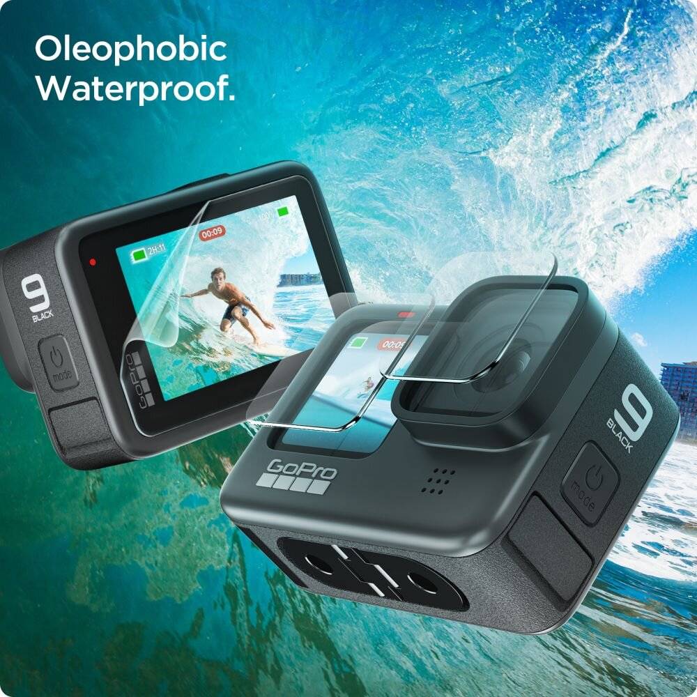 Eine GoPro-Kamera wird mit Wasser gezeigt, das spritzt, während auf dem Bildschirm ein Surfer angezeigt wird. Der Text lautet „Oleophobisch wasserdicht.