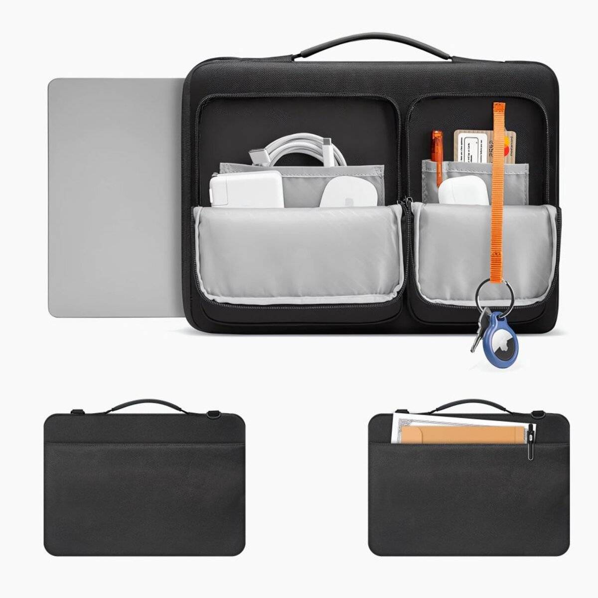 Laptop-Tasche mit verstellbaren Fächern, die verschiedene elektronische Geräte und Zubehör enthält, einschließlich Ladekabel und einem Schlüsselanhänger.