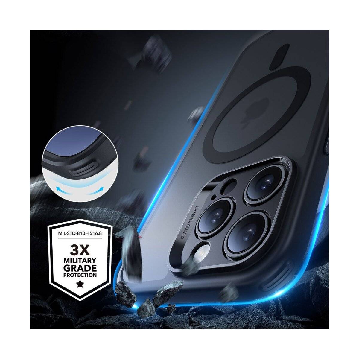 Schutzhülle für Telefone mit robustem Design, mit Hervorhebung des militärischen Schockschutzes (MIL-STD-810H 516.8) und verstärkten Ecken.