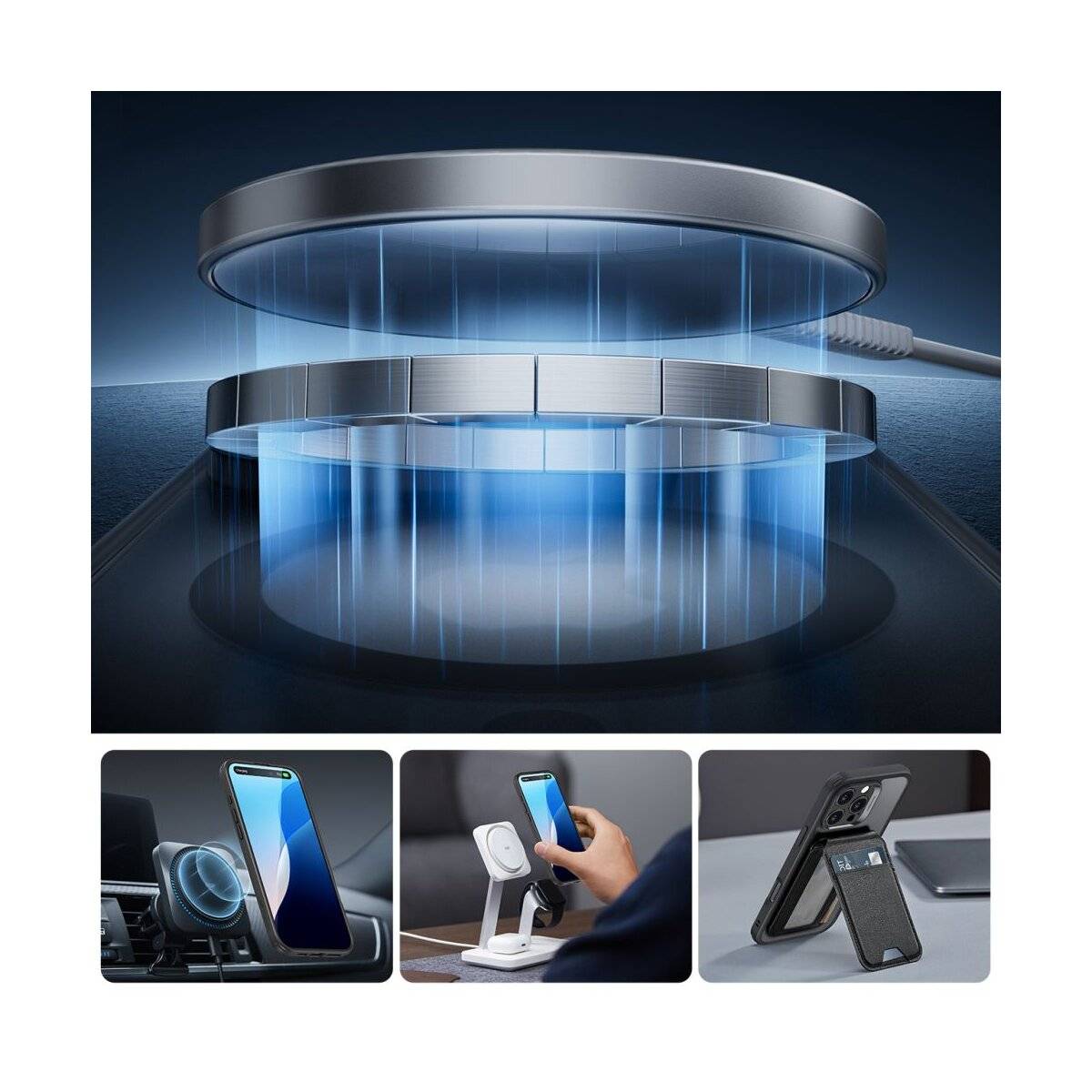 # Futuristisches drahtloses Ladenkonzept mit drei kleineren Bildern darunter: Telefon wird in einem Auto geladen, auf einem Schreibtischständer und auf einer flachen Oberfläche.