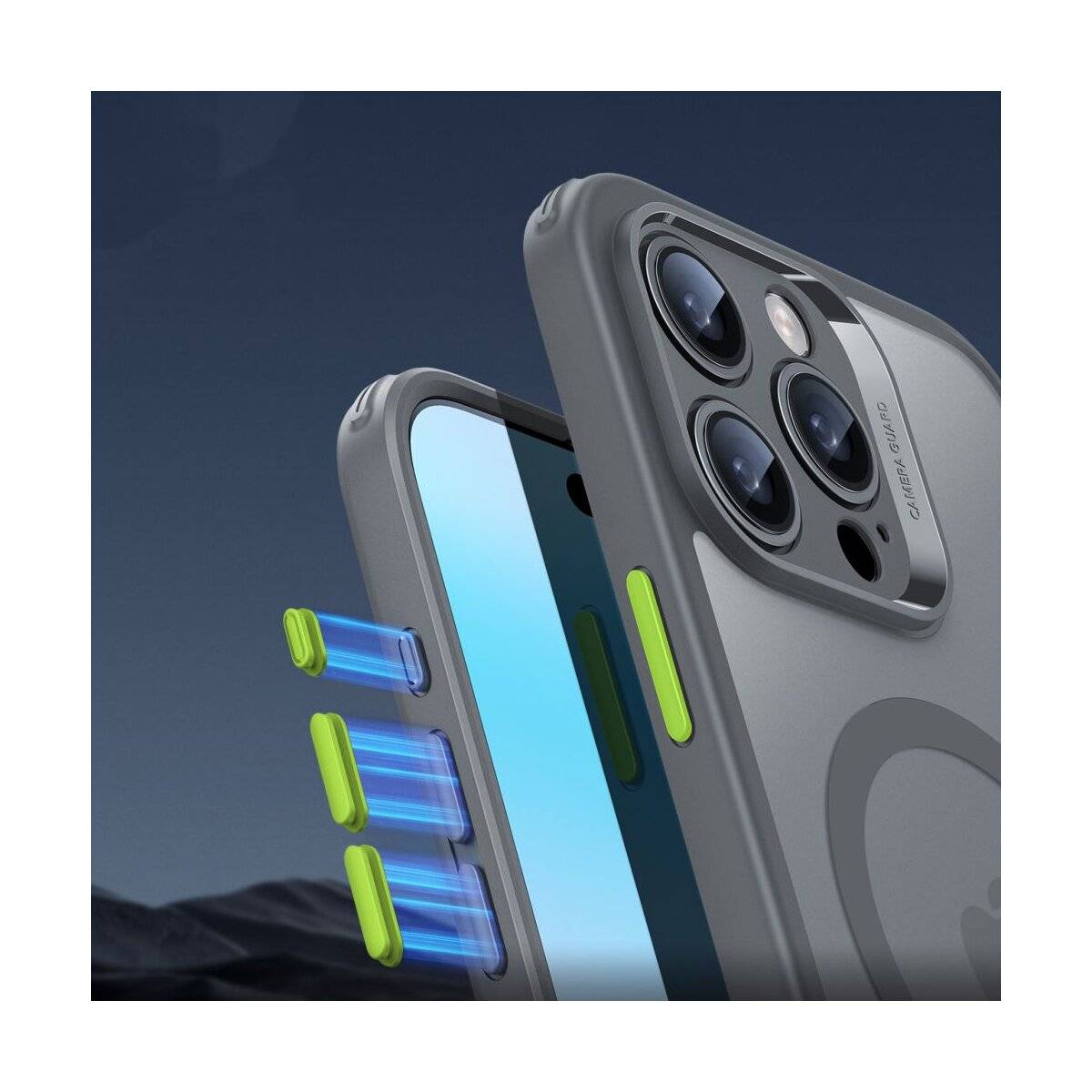 Handyhülle mit magnetischen grünen Anschlüssen und verbessertem Kameraschutz vor dunkelblauem Hintergrund.