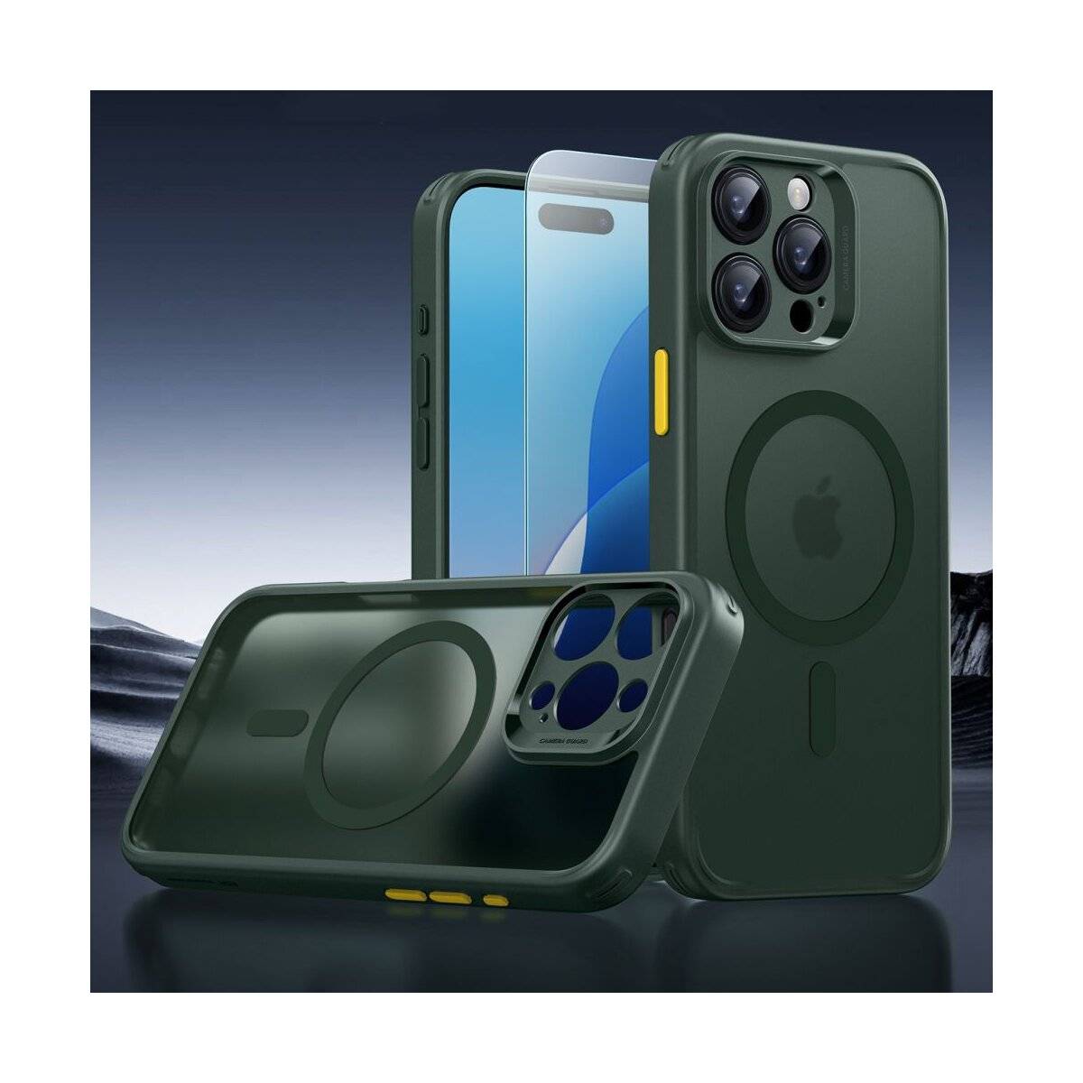 Ein dunkelgrünes Handyhülle, die für ein Smartphone mit dreifacher Kamera entwickelt wurde und einen MagSafe-Kreis sowie sichtbare Tasten an den Seiten aufweist.