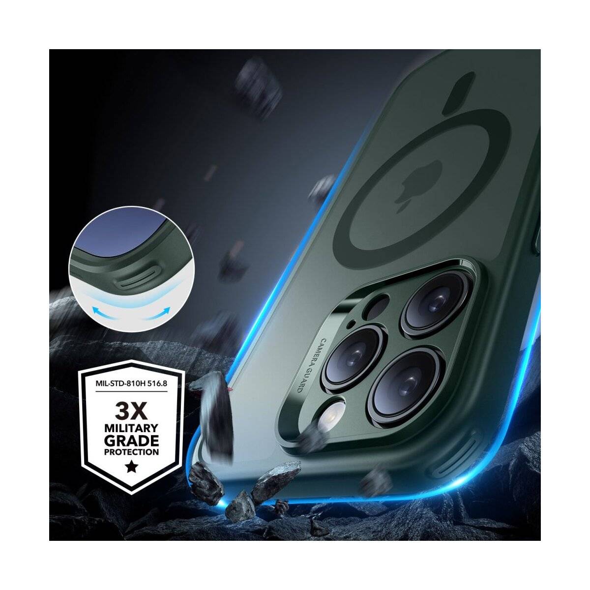 Nahaufnahme einer Smartphone-Ecke mit erhöhten Lippen um Bildschirm und Kamera zum Schutz, mit Text „Screen & Camera Protection