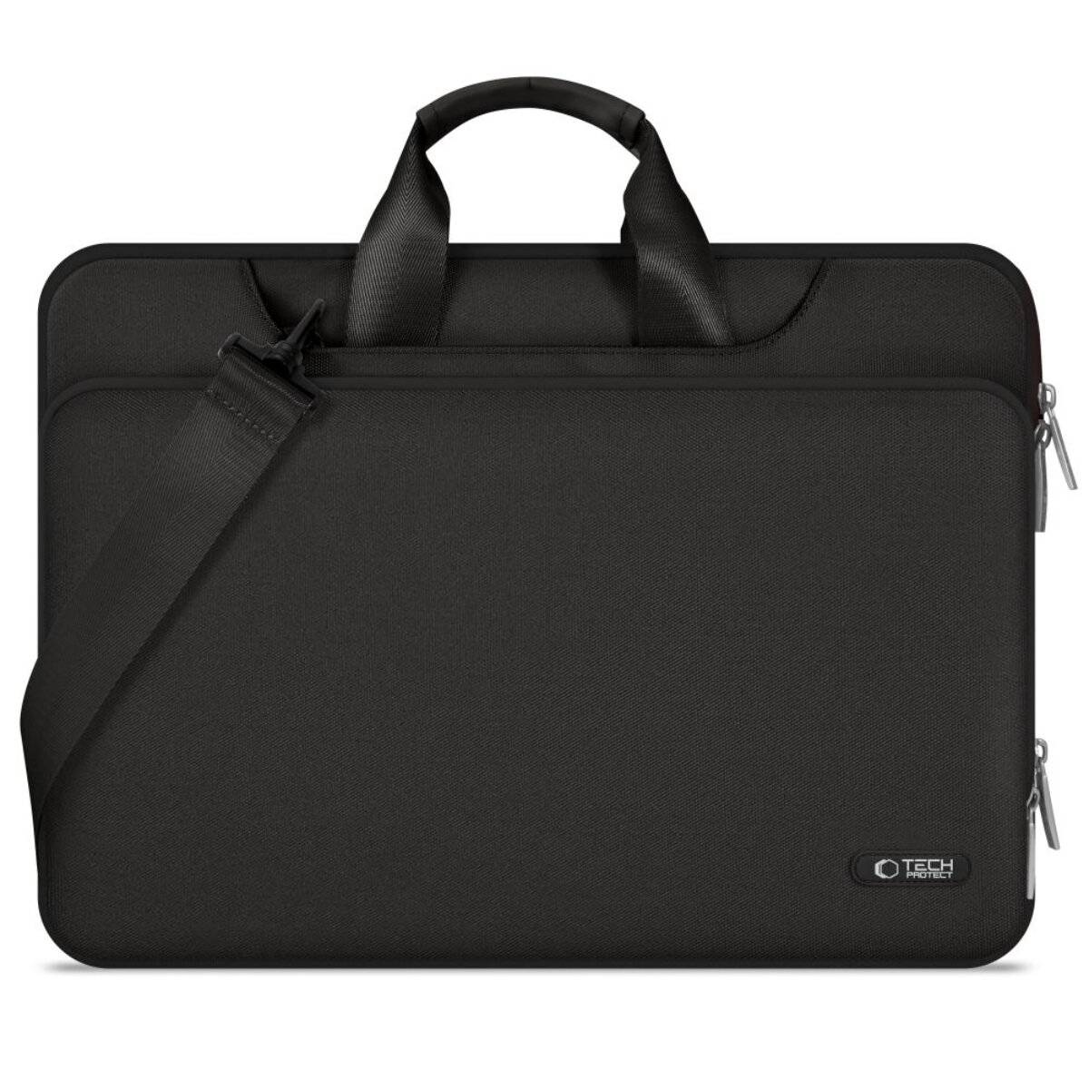 Eine schwarze Laptoptasche mit Schultergurt und Tragegriffen, mit einem kleinen Logo in der unteren Ecke.