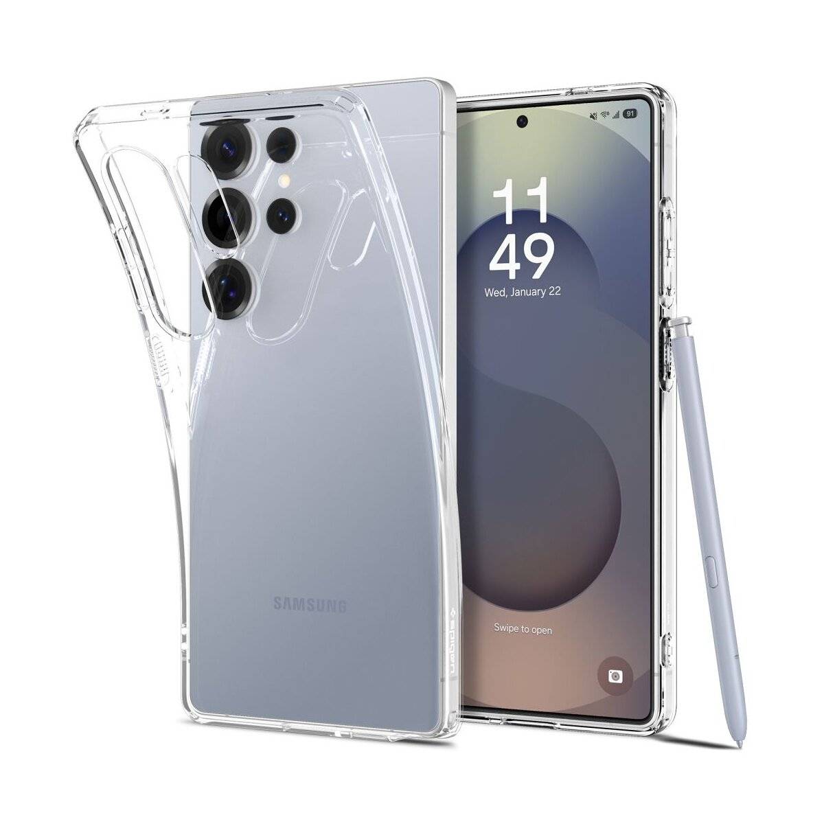 Ein schlankes, durchsichtiges Handygehäuse, das mit einem Samsung-Smartphone präsentiert wird. Das Telefon zeigt die Uhrzeit „11:49