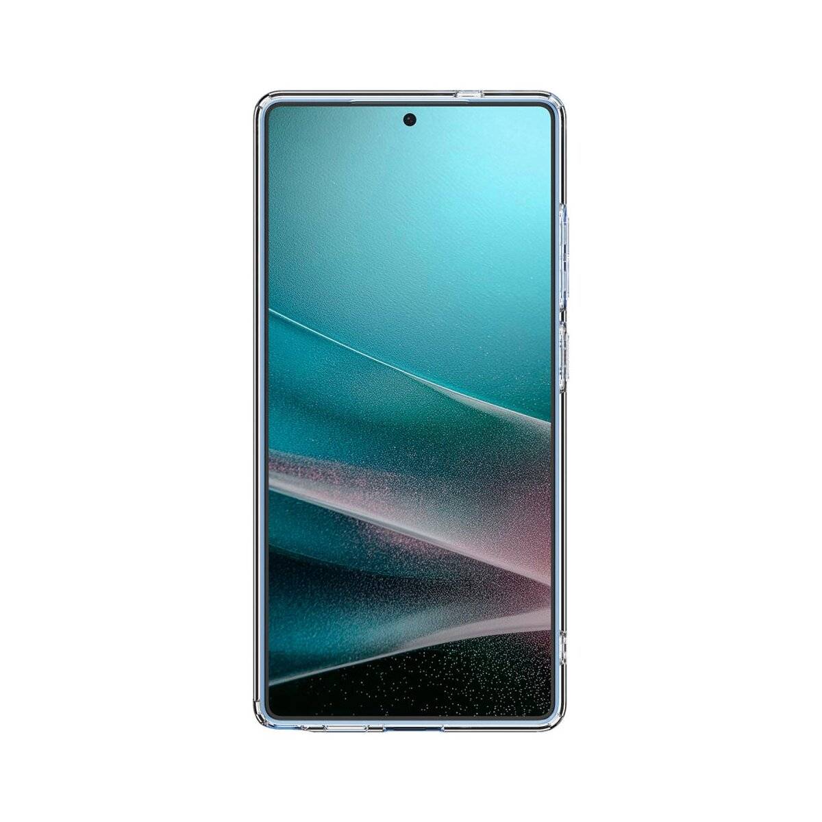 Ein Smartphone mit einer abstrakten Hintergrundtapete in Blaugrün und Rosa auf dem Bildschirm.