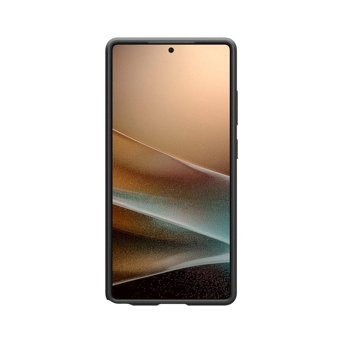 Ein Smartphone mit einem Vollbildschirm-Display, das ein minimalistisches Hintergrundbild zeigt. Das Telefon hat ein schlankes Profil und eine nach vorne gerichtete Kamera in der Mitte oben.