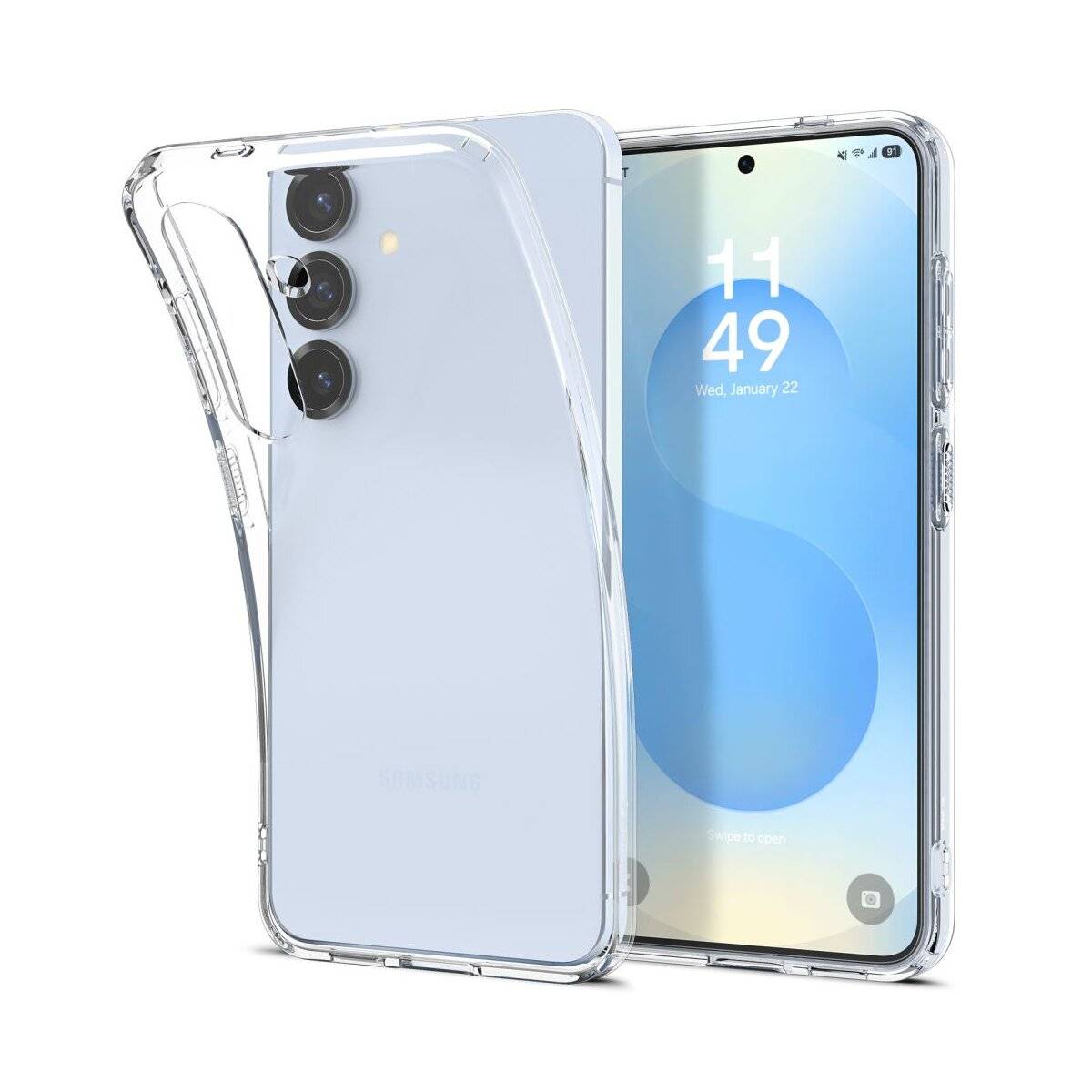Ein Smartphone mit transparenter Hülle, das einen Startbildschirm mit dynamischem Hintergrundbild und der Uhrzeit 