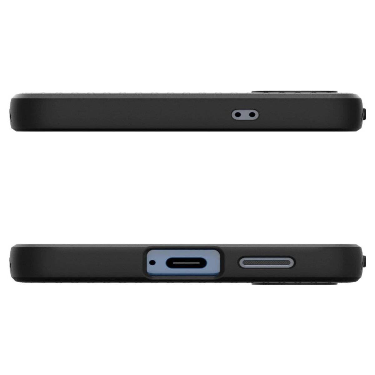 Seitenansicht eines schwarzen Smartphones mit zwei Anschlüssen und einem Knopf, die das schlanke Design und die Funktionalität hervorheben.