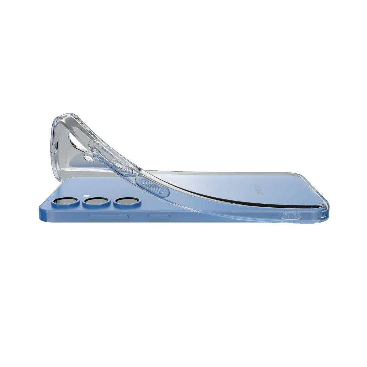 Ein transparantes Handyhülle wird auf ein blaues Smartphone gelegt und zeigt die Aussparungen der hinteren Kamera und das flexible Material.