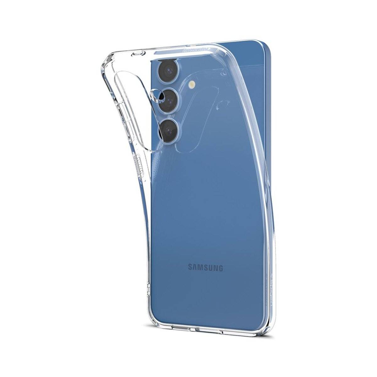 Ein blaues Smartphone mit drei rückwärtigen Kameras ist teilweise von einer transparenten, flexiblen Handyhülle bedeckt, die ihre Kompatibilität unterstreicht.