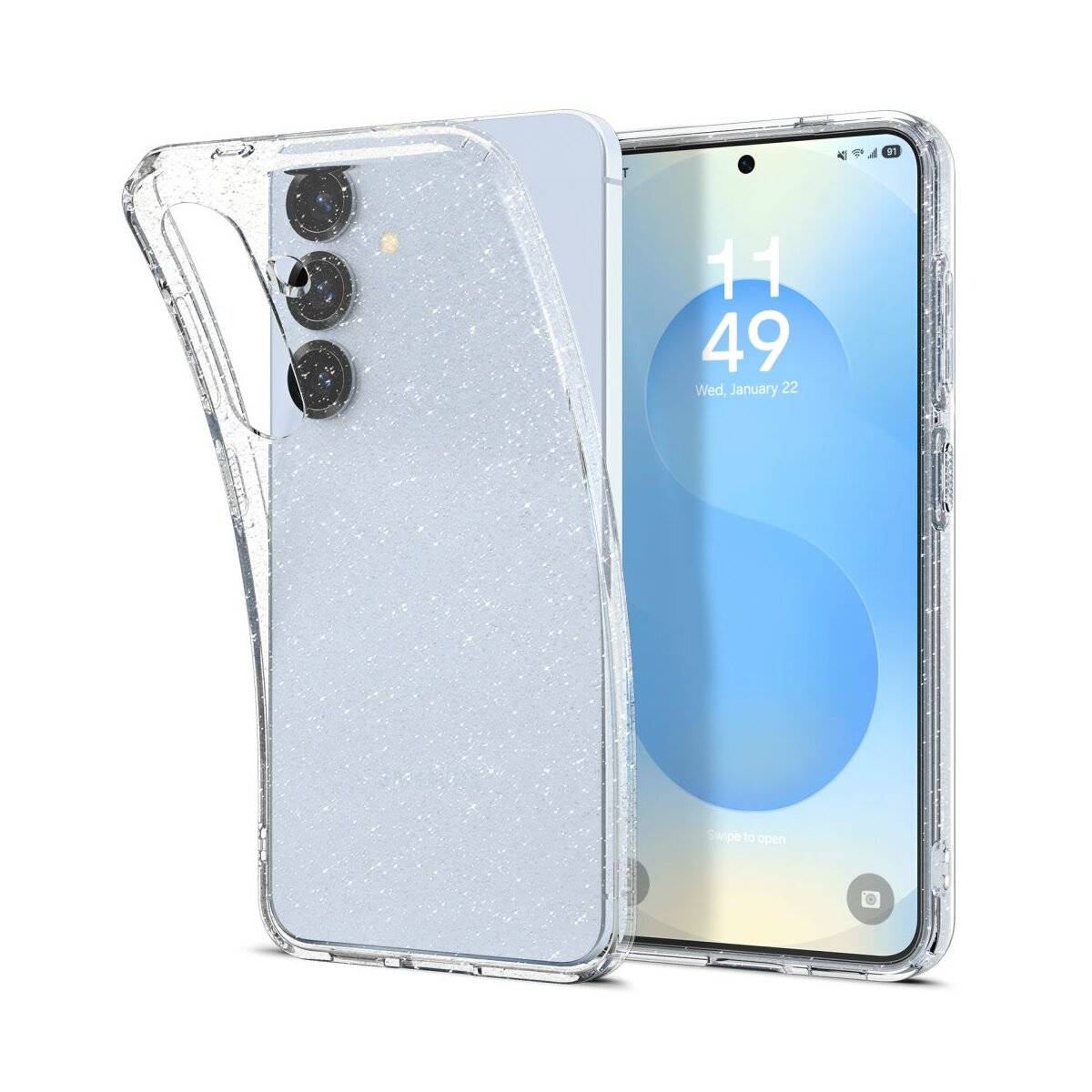 Ein Smartphone mit einem geometrischen Muster auf dem Bildschirm ist teilweise in einer durchsichtigen Schutzhülle eingehüllt und zeigt zwei hintere Kameras.