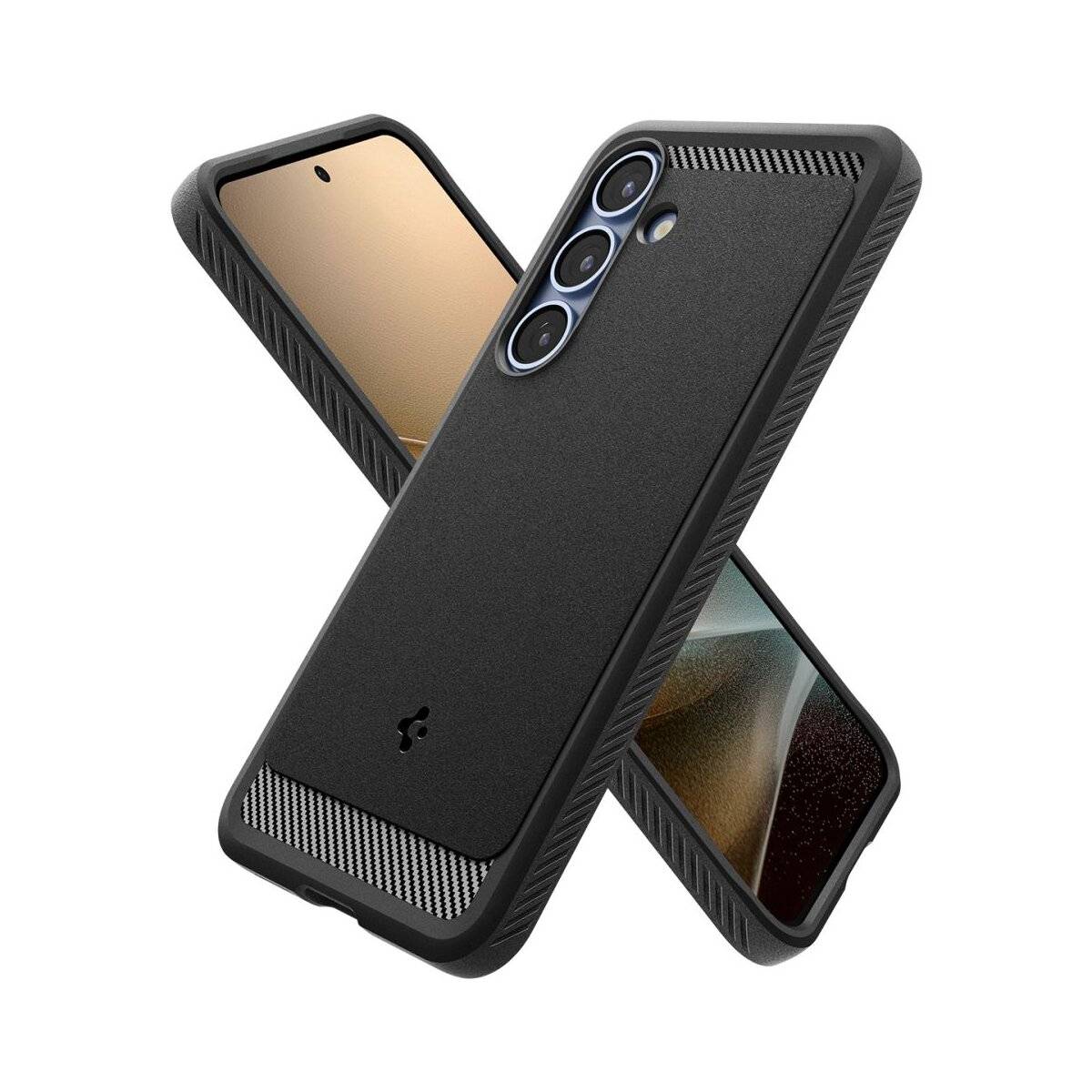 Zwei Smartphones in schützenden schwarzen Hüllen mit abgerundeten Kanten, die Bildschirme anzeigen. Die Telefone sind in einer X-Form vor einem weißen Hintergrund angeordnet.
